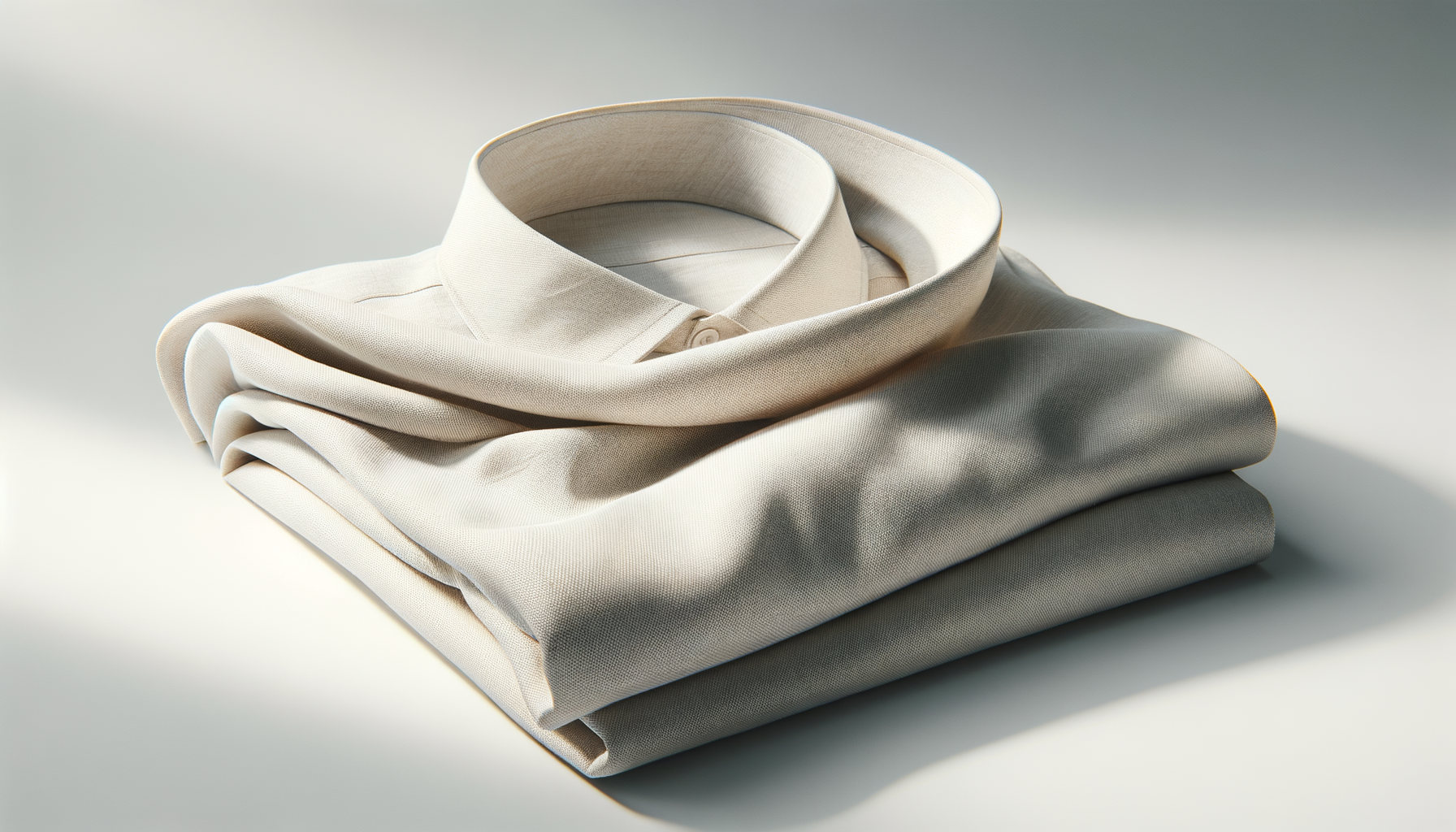 A neatly folded beige dress shirt with a collar, placed on top of other folded garments, illuminated by soft lighting.