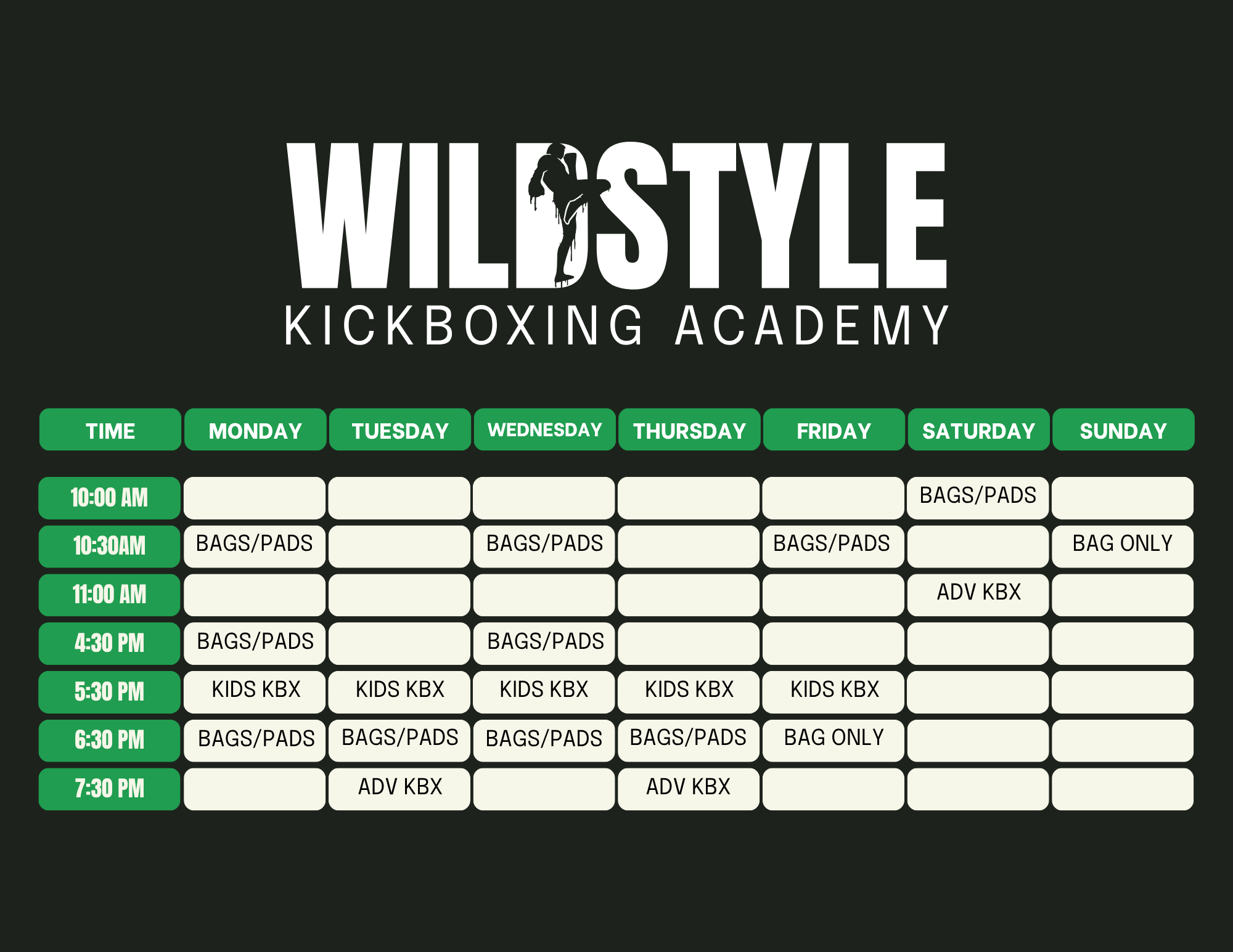 WildStyle Kickboxing Academy class schedule in Snohomish, WA, featuring kids kickboxing, adult bags and pads training, advanced kickboxing classes, and open bag sessions throughout the week.