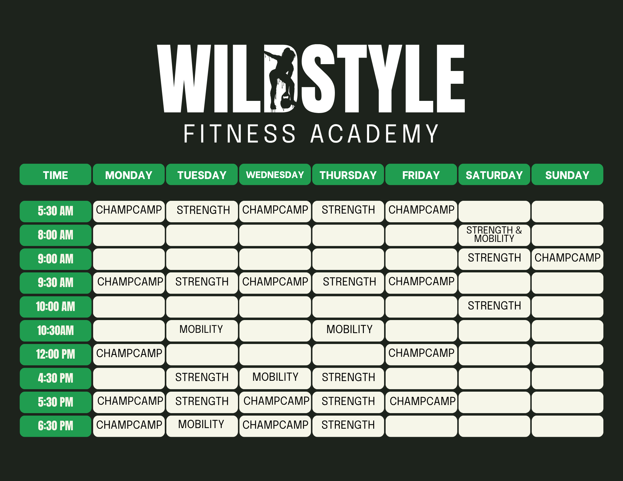 WildStyle Fitness Academy class schedule in Snohomish, WA features a number of functional strength training and mobility classes throughout the week.