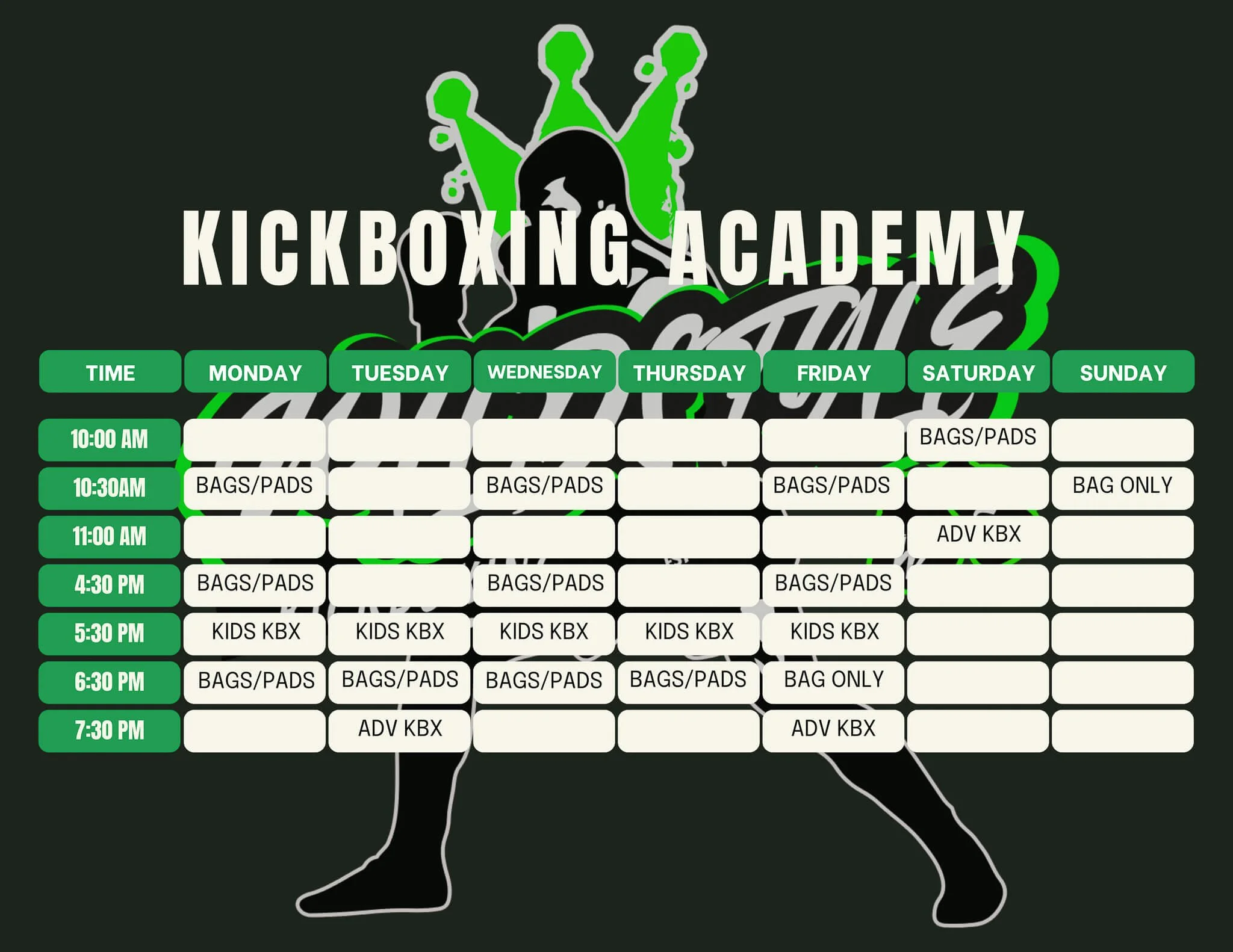 WildStyle Kickboxing Academy class schedule in Snohomish, WA, featuring kids kickboxing, adult bags and pads training, advanced kickboxing classes, and open bag sessions throughout the week.