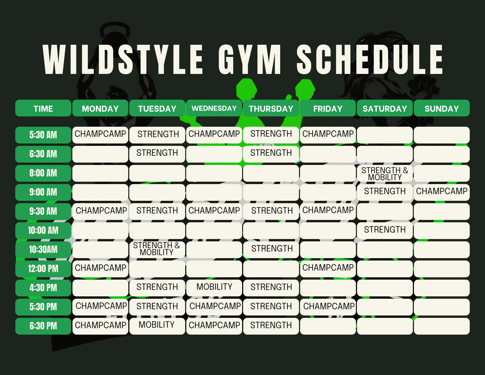 WildStyle Gym fitness class schedule in Snohomish, WA, including Champ Camp HIIT workouts, strength training, and mobility classes offered mornings and evenings throughout the week.
