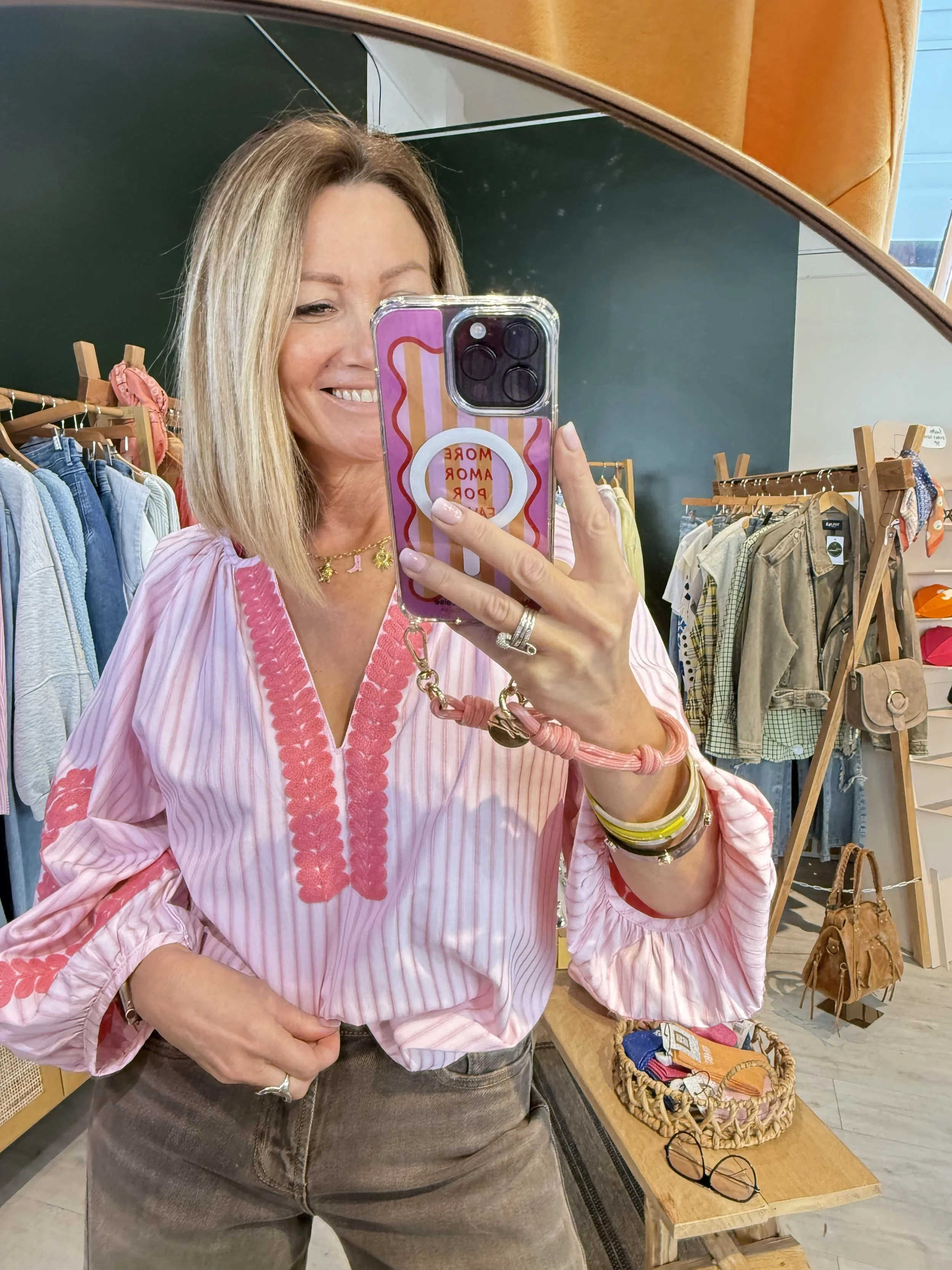 Blouse You  bohème rose brodée manches ballon