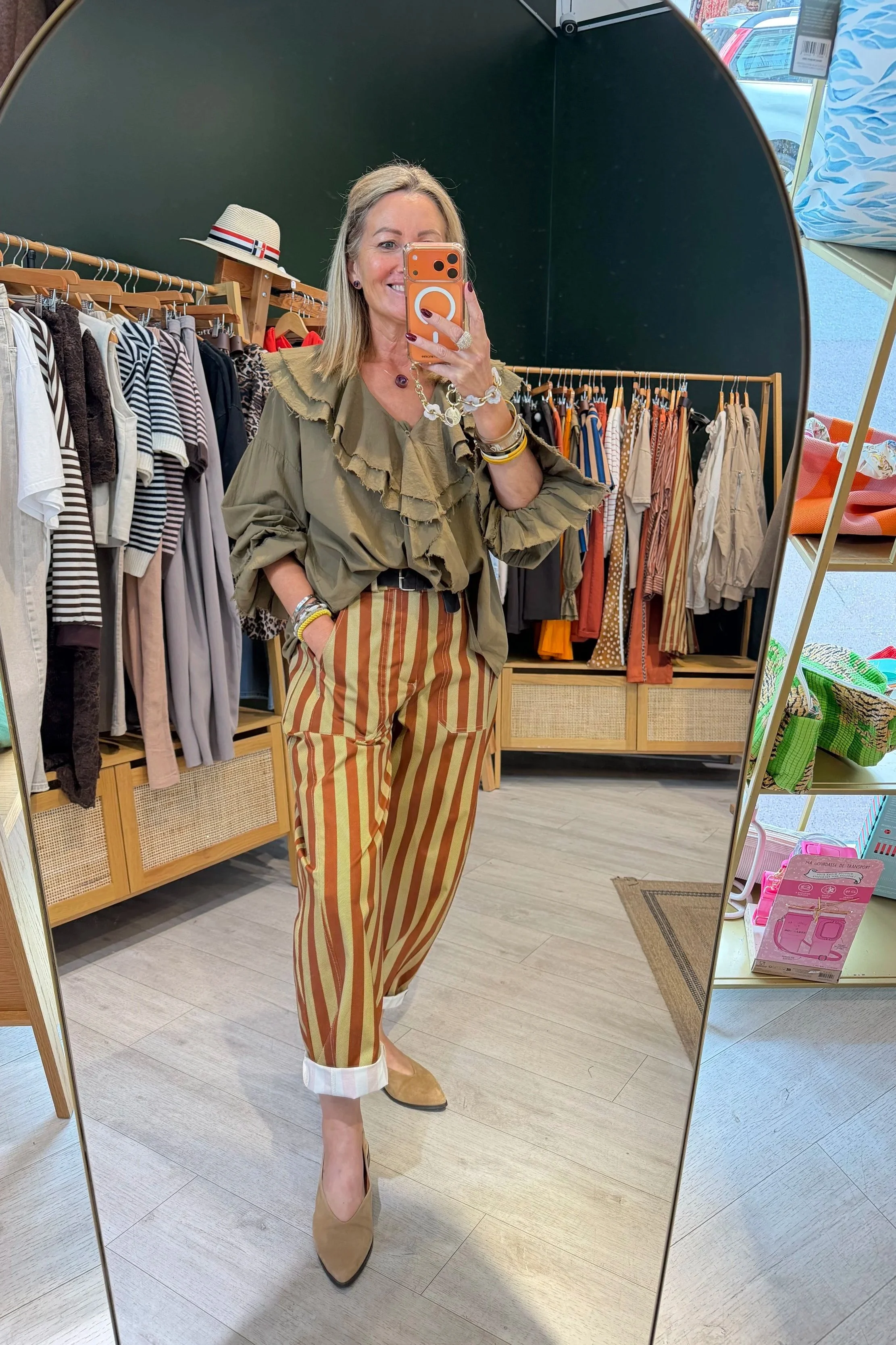 Pantalon Gaspard – Rayé beige olive & Terracotta