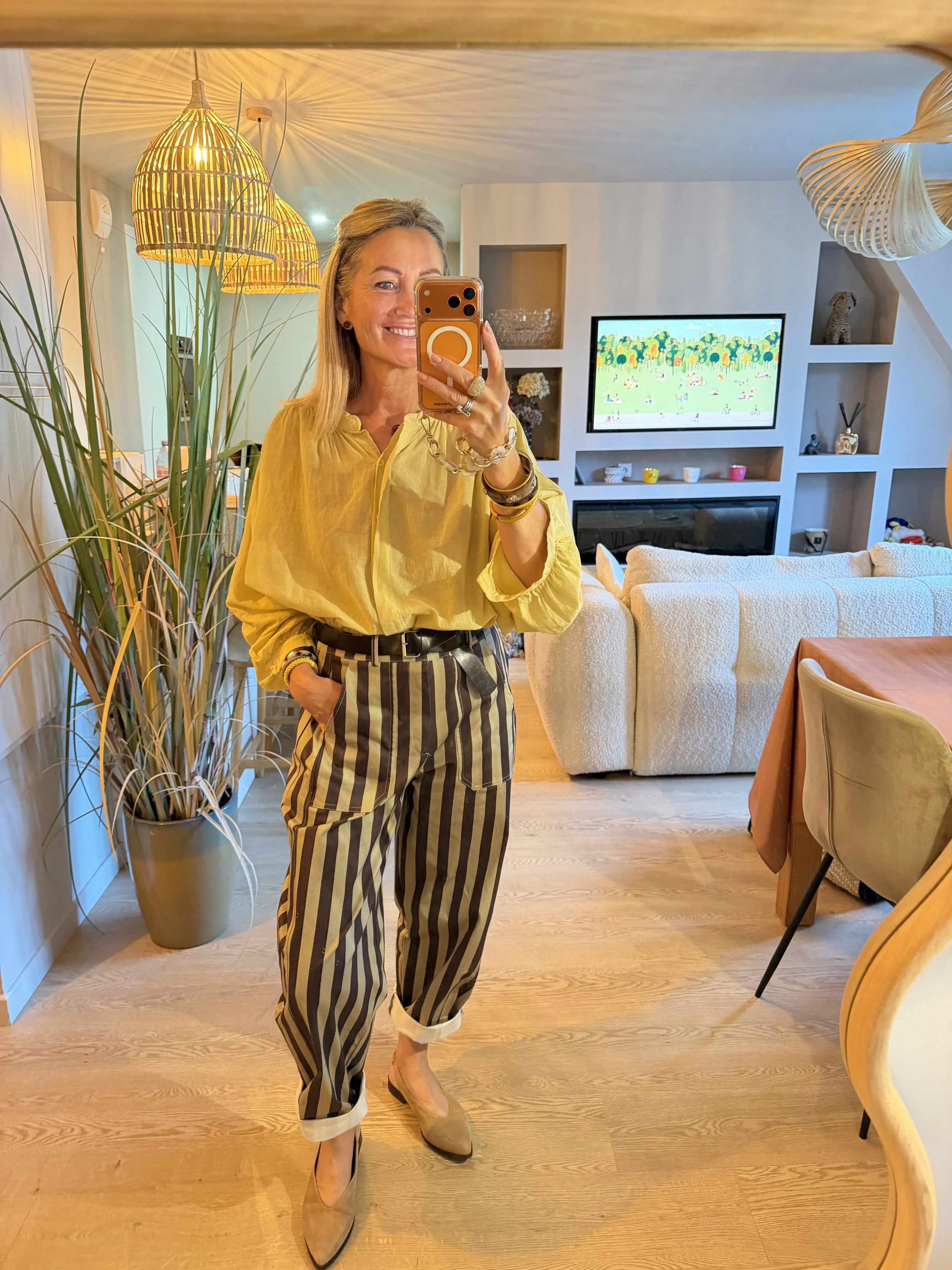 Pantalon Gaspard – Rayé kaki anis & chocolat