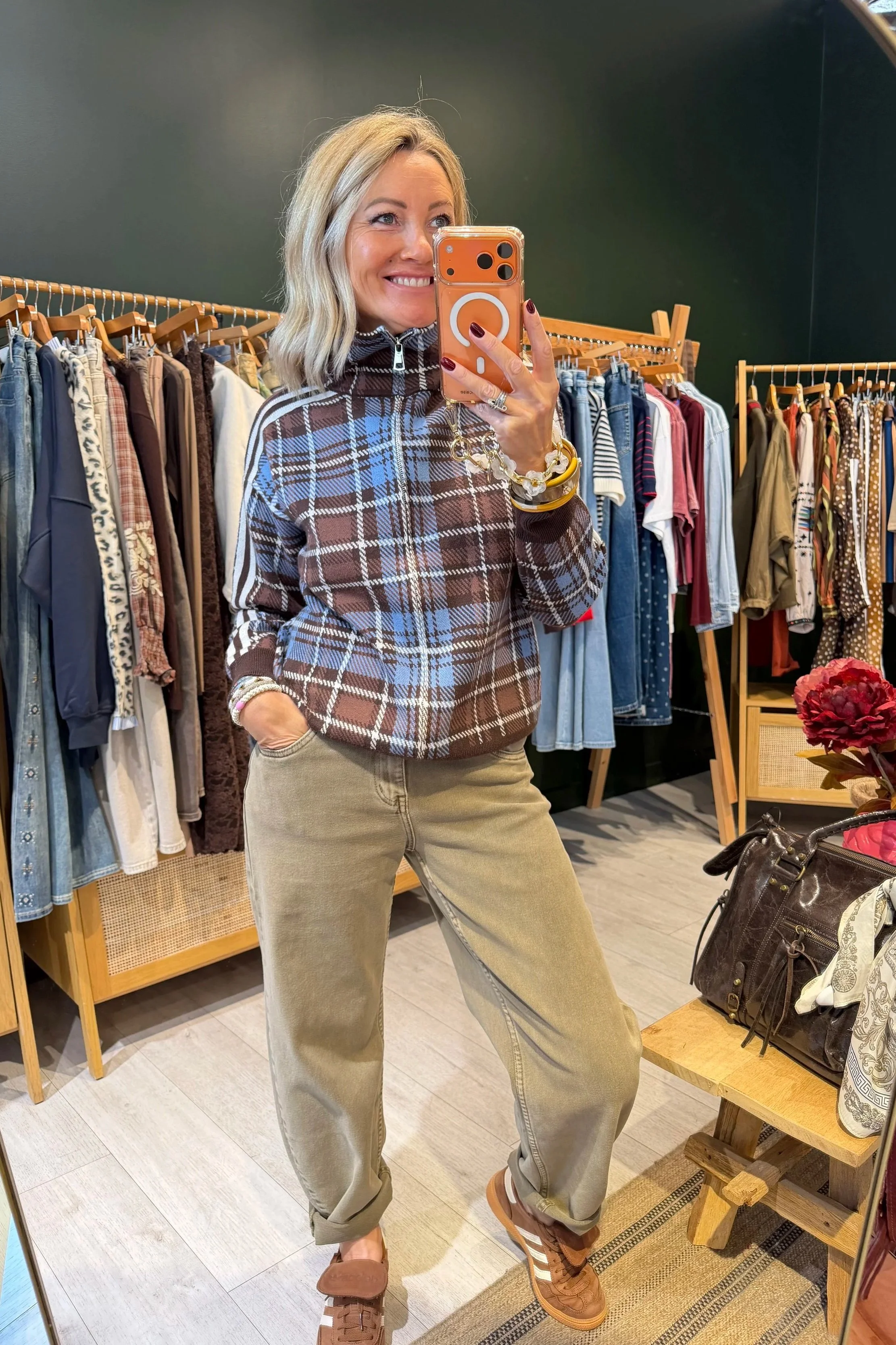 Veste Agathe à carreaux – Chocolat & bleu 🤎🩵