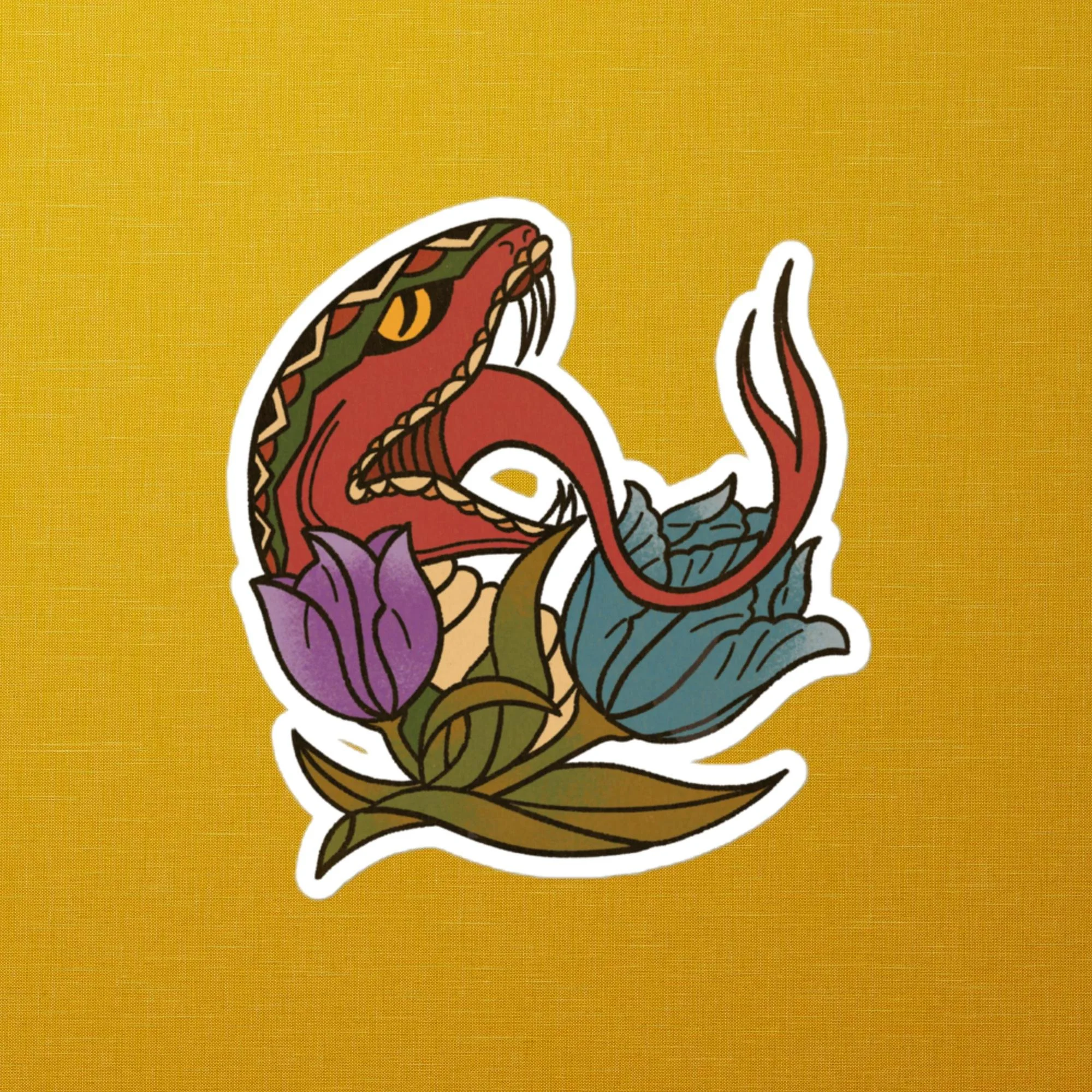 Traditional Snake & Tulips Tattoo Sticker