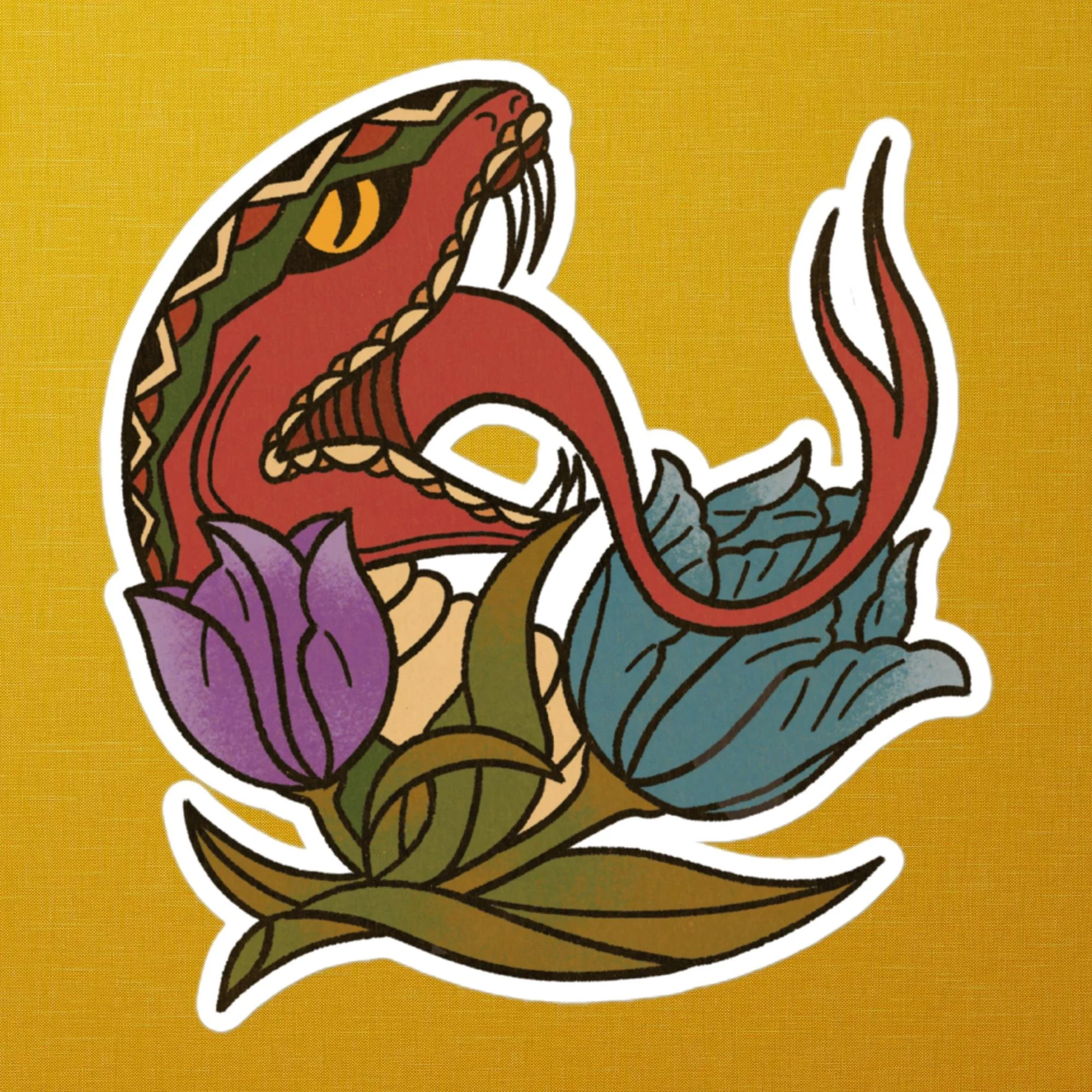 Traditional Snake & Tulips Tattoo Sticker