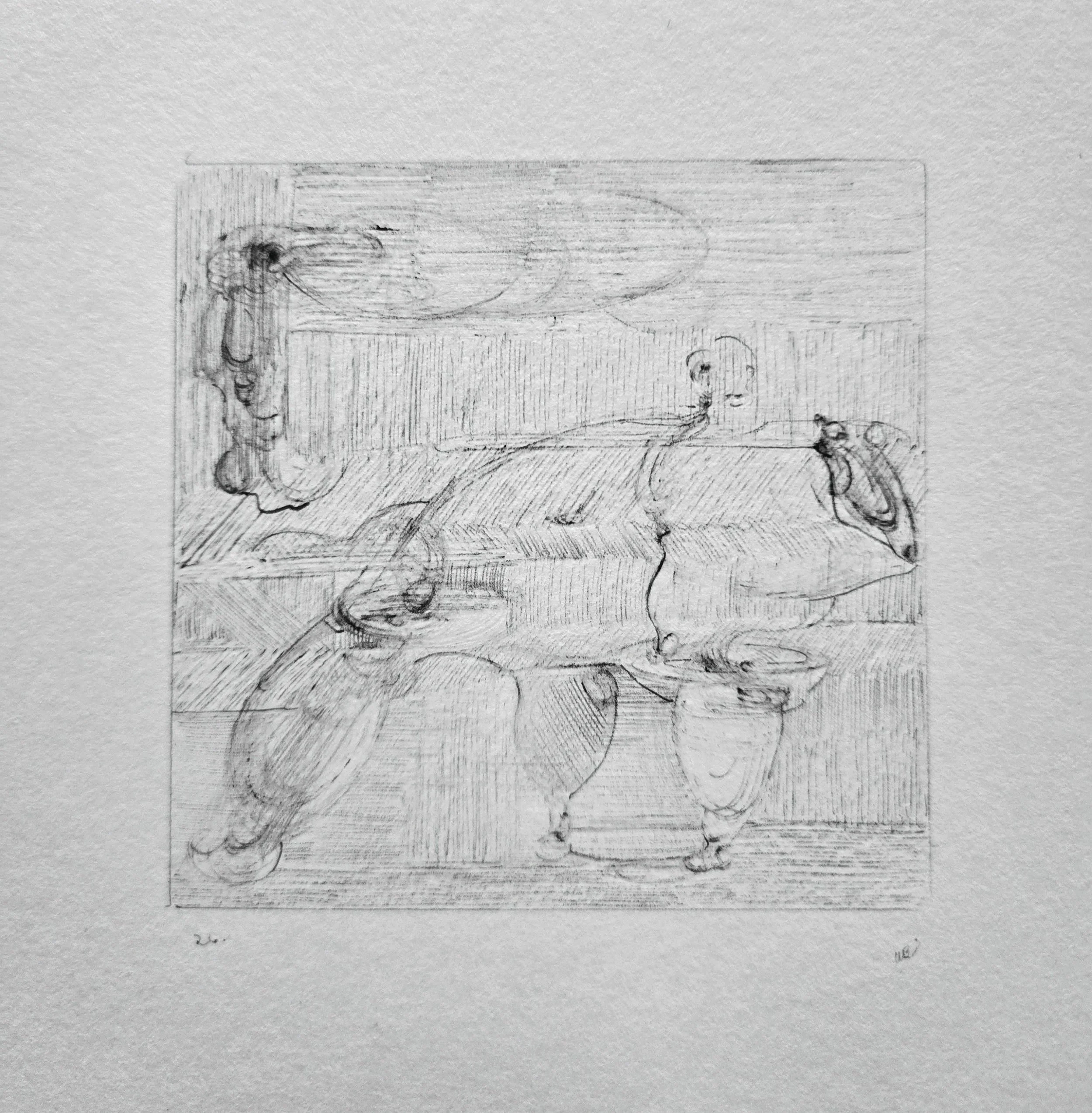 "Butcher and Floater" 2026. Ink on paper. 3" x 3"