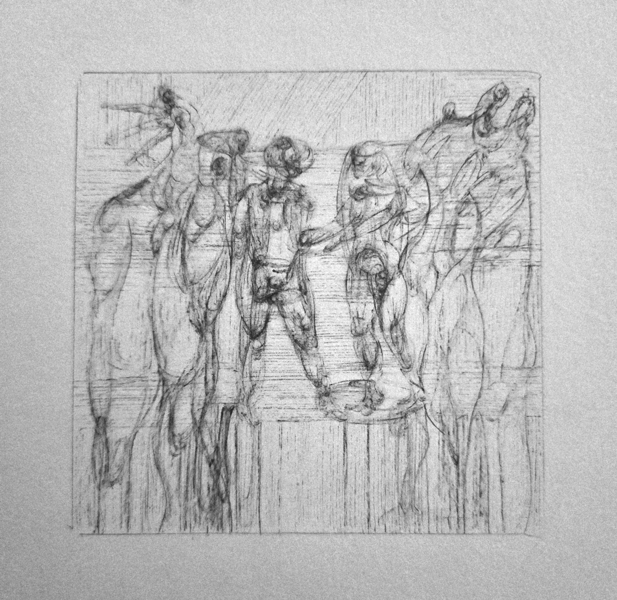 "Sculptures Competing" 2026. Ink on paper. 3" x 3"