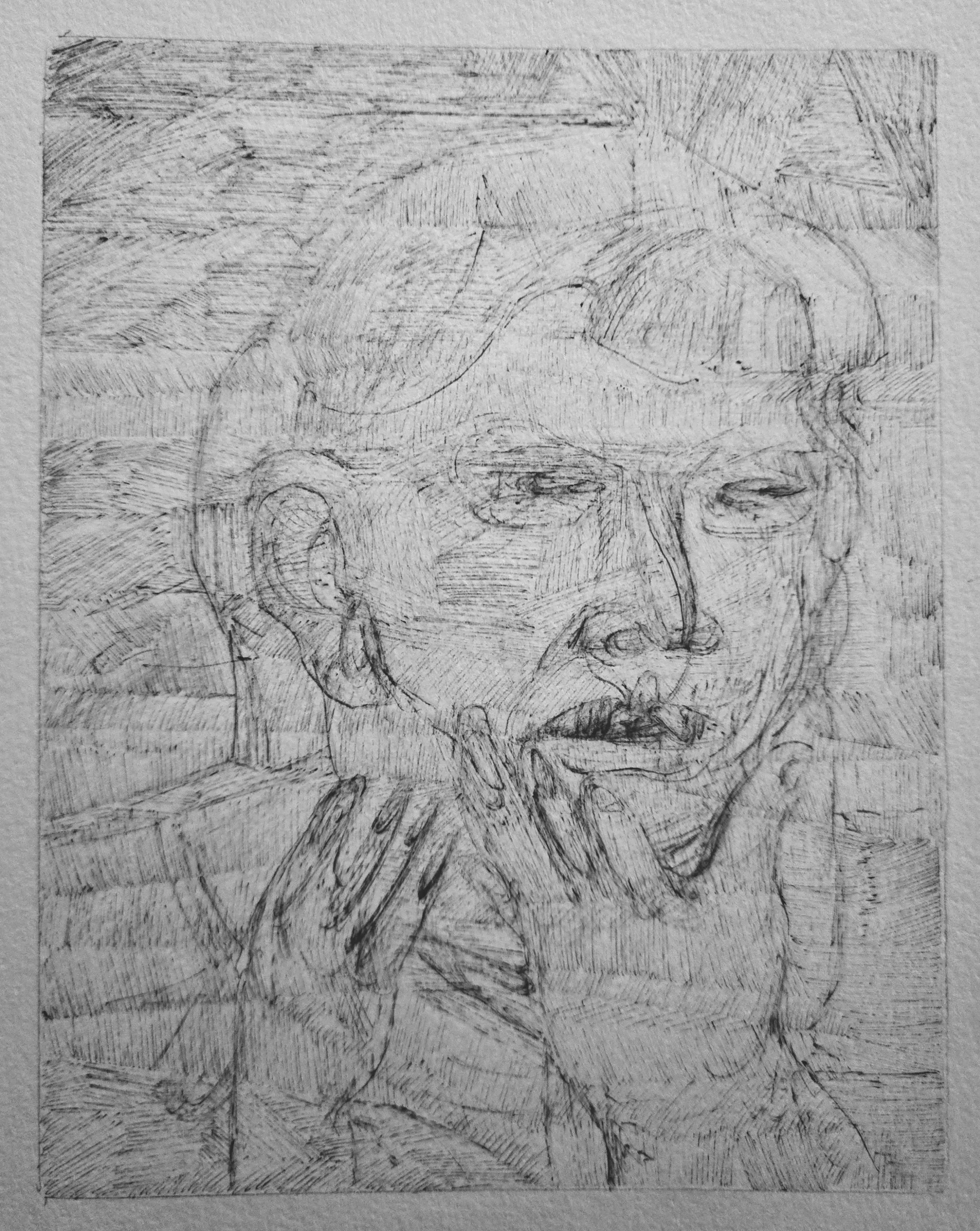 "Self Aware" 2026. Ink on paper. 4 1/4" x 5 1/2"