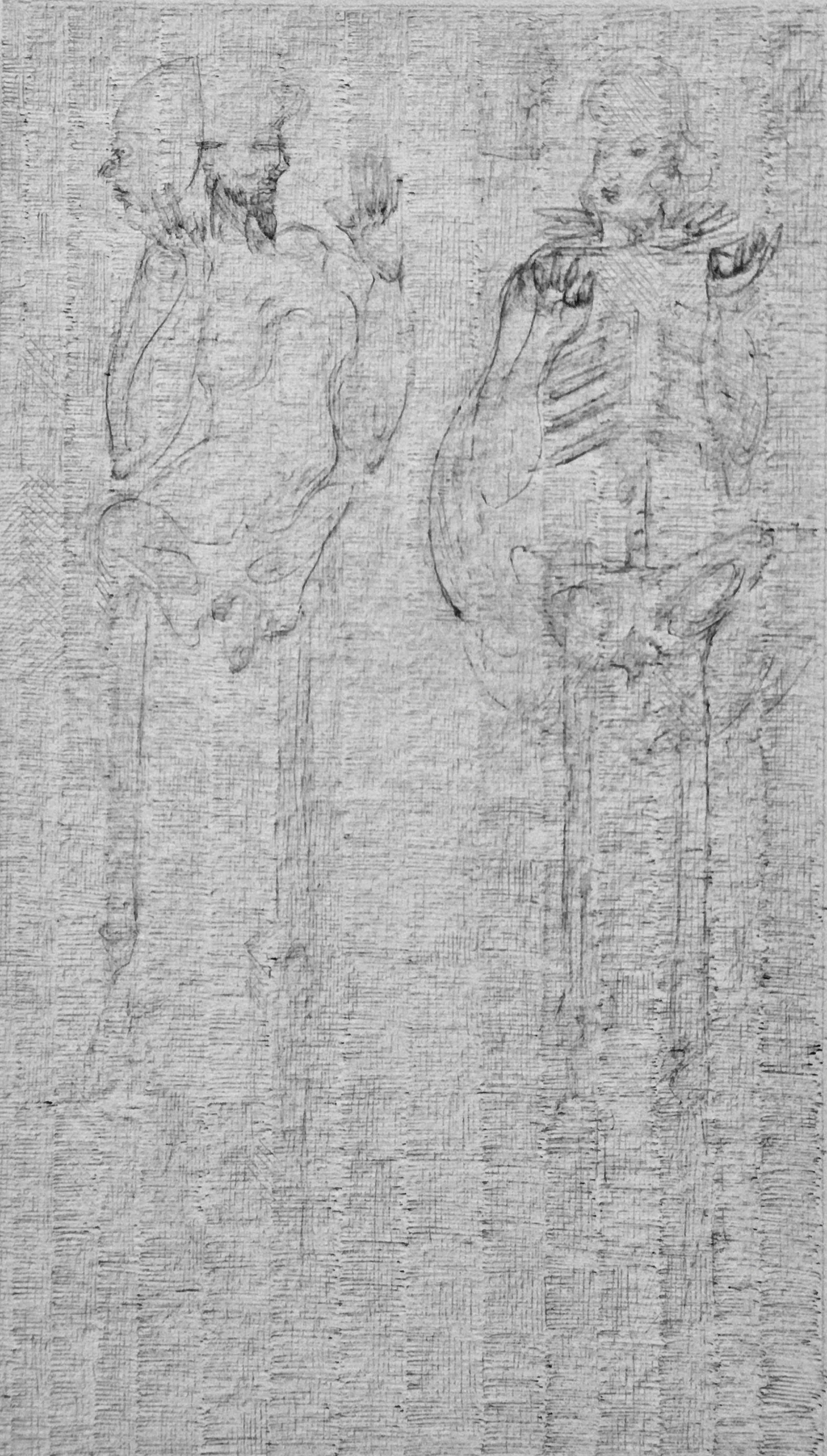 "Scaring Each Other" 2026. Ink on paper. 4 1/4" x 7 1/4"
