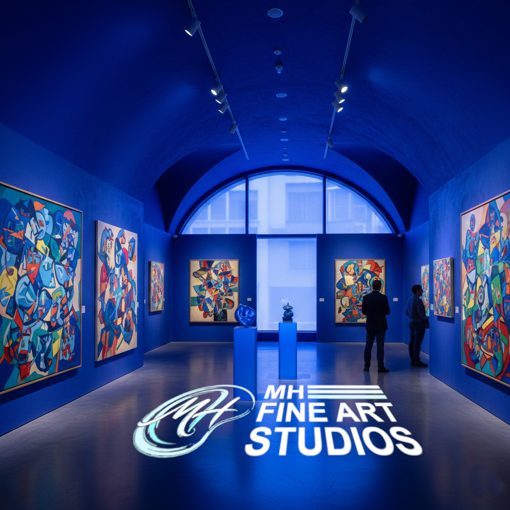 An art gallery with a blue interior featuring abstract paintings on the walls and two visitors viewing the artwork. There is a large window at the back and the words 'MH Fine Art Studios' illuminated on the floor.