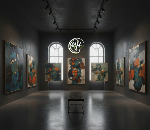 Art gallery with abstract paintings on dark walls, illuminated by track lighting, featuring a neon sign with initials 'ML' above three large windows and a bench in the center.