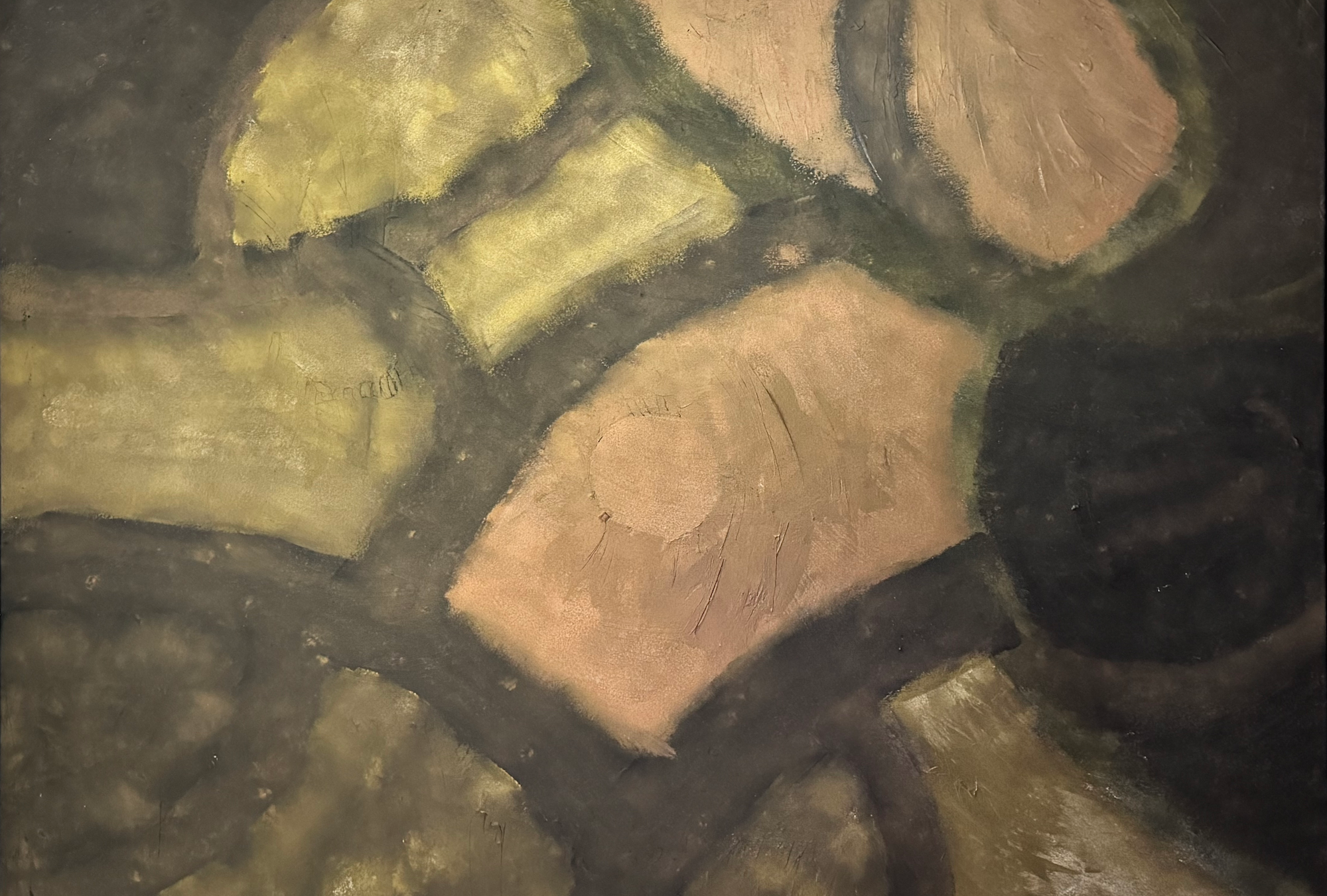 Abstract painting with variously sized and shaped textured patches in shades of yellow, pink, and black, with visible brushstrokes and lines.