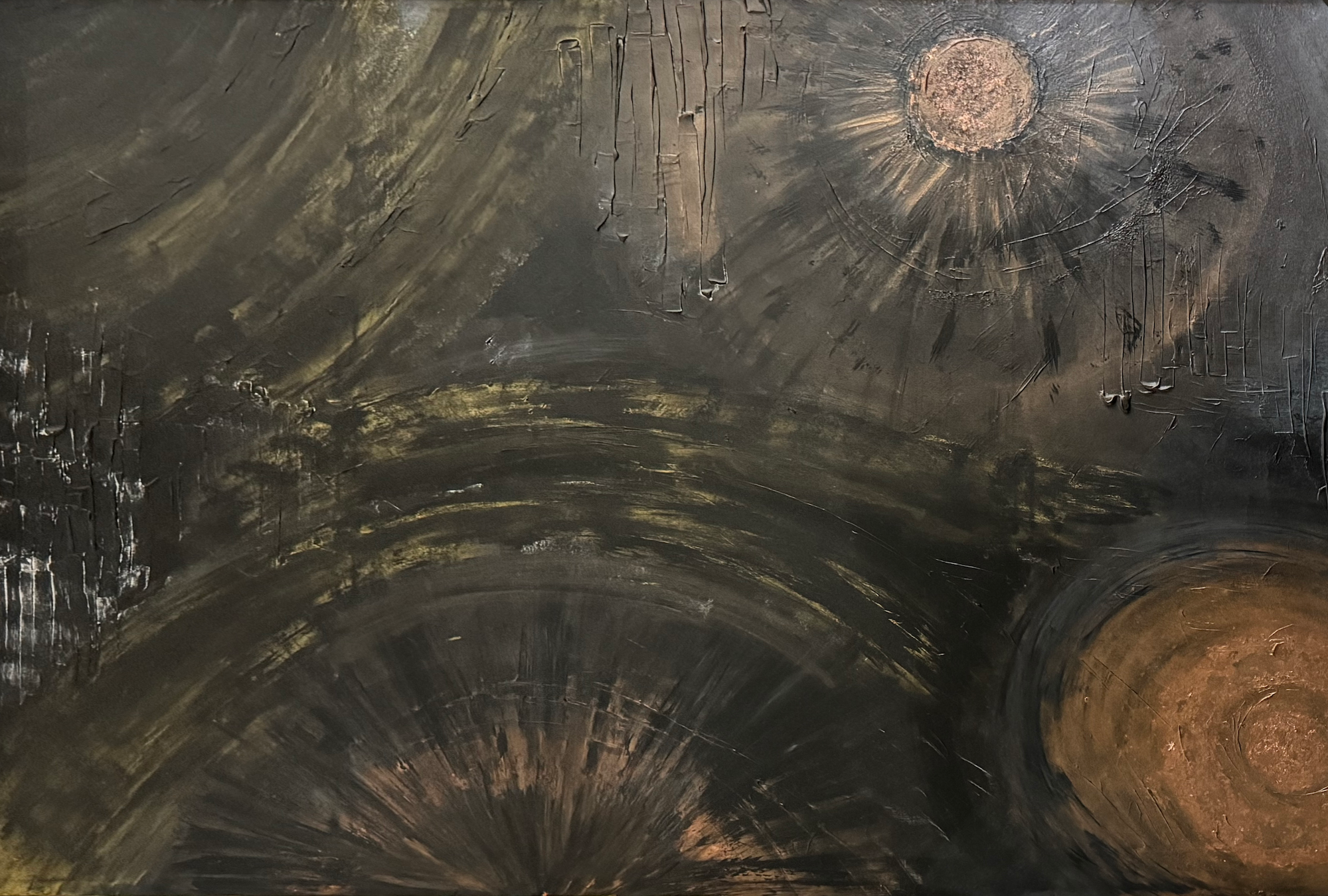 Abstract painting with dark, textured background featuring circular patterns resembling planets or celestial bodies with radiating lines and metallic highlights.