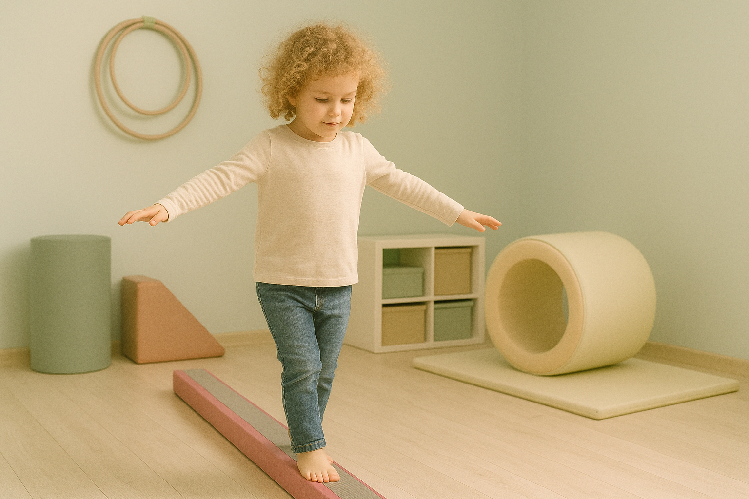 Jeune enfant équilibrant sur une poutre en mousse dans une pièce éclairée, avec des jouets colorés et un dispositif d'équilibre en mousse dans le décor.