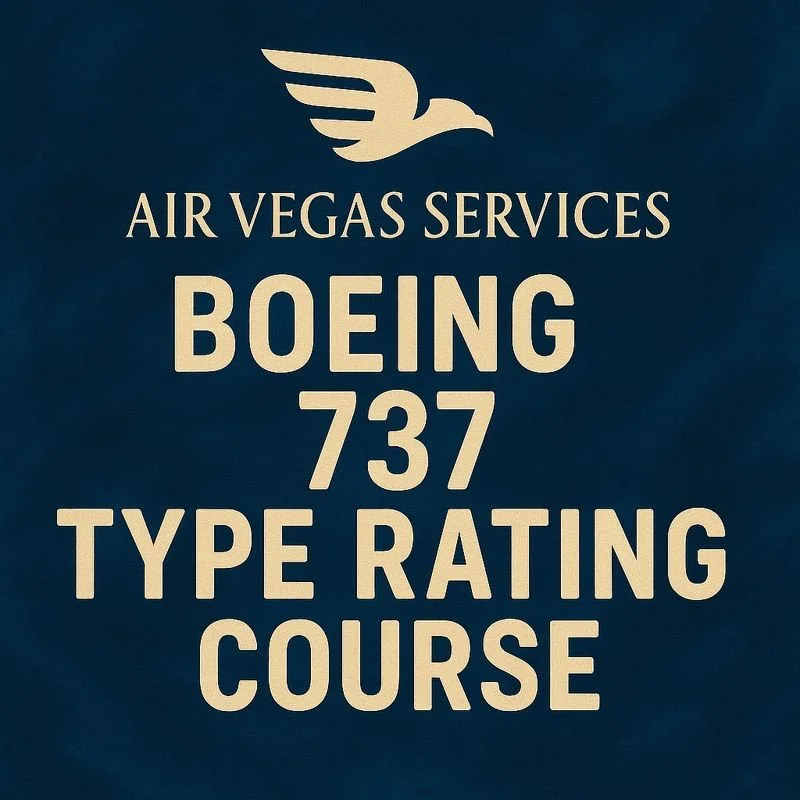Logo with a stylized bird head, words 'Air Vegas Services,' 'Boeing 737,' and 'Type Rating Course' in uppercase letters on a dark blue background.