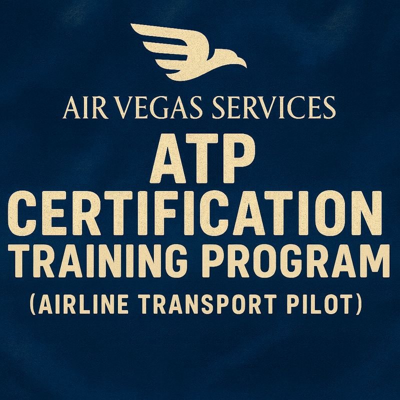 Blue sign with a bird logo, text reading "Air Vegas Services ATP Certification Training Program (Airline Transport Pilot)."