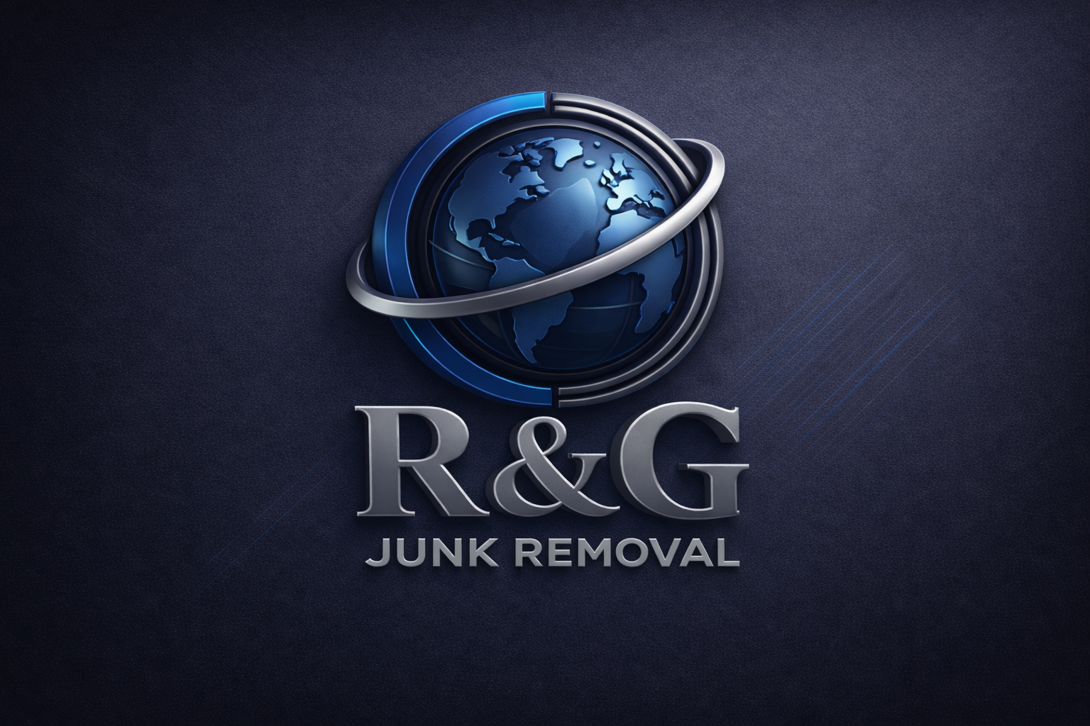 Logo for R&G Junk Removal featuring a globe with orbit rings and the company name.