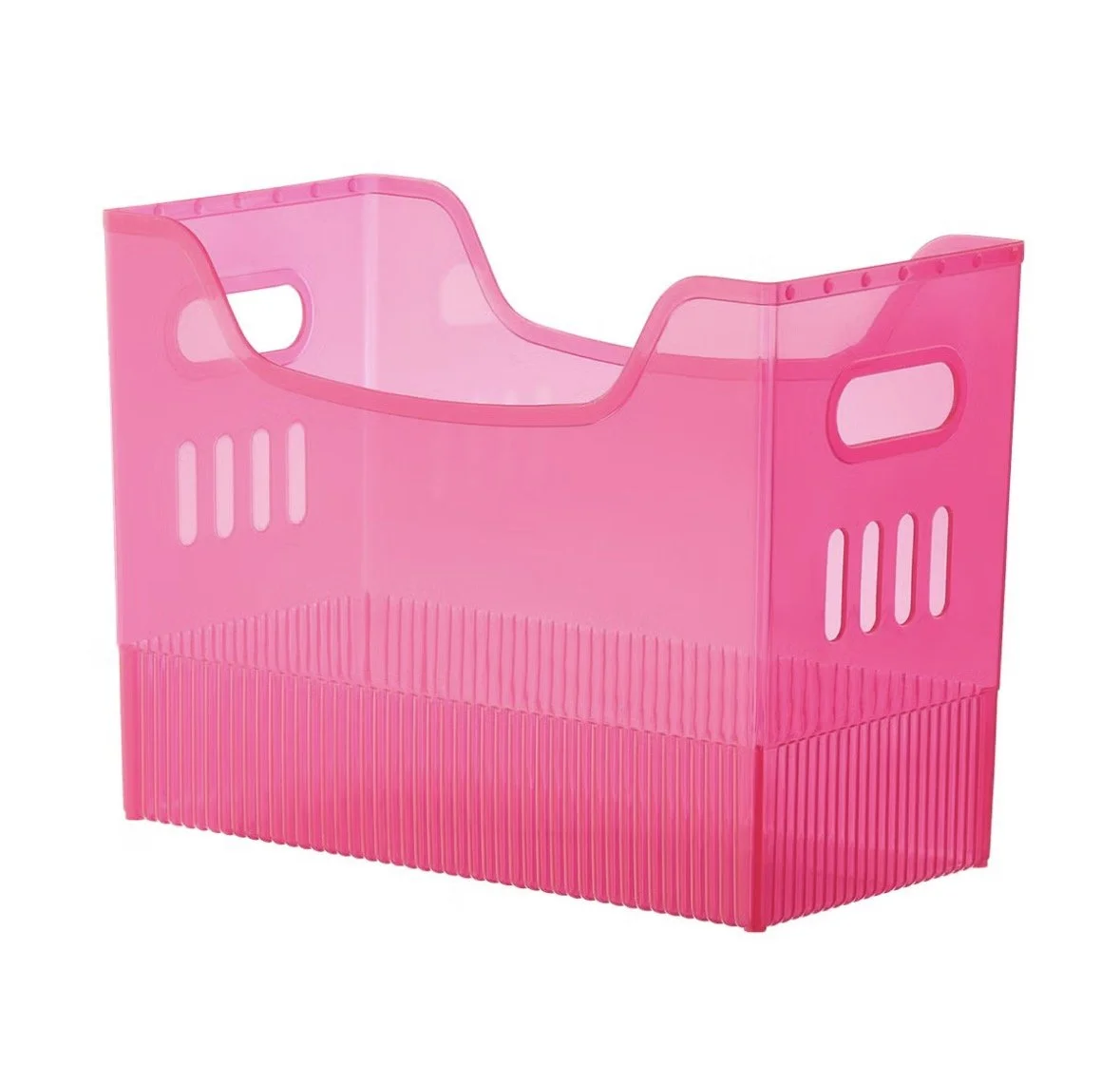 Pink plastic storage basket with handles and slotted sides