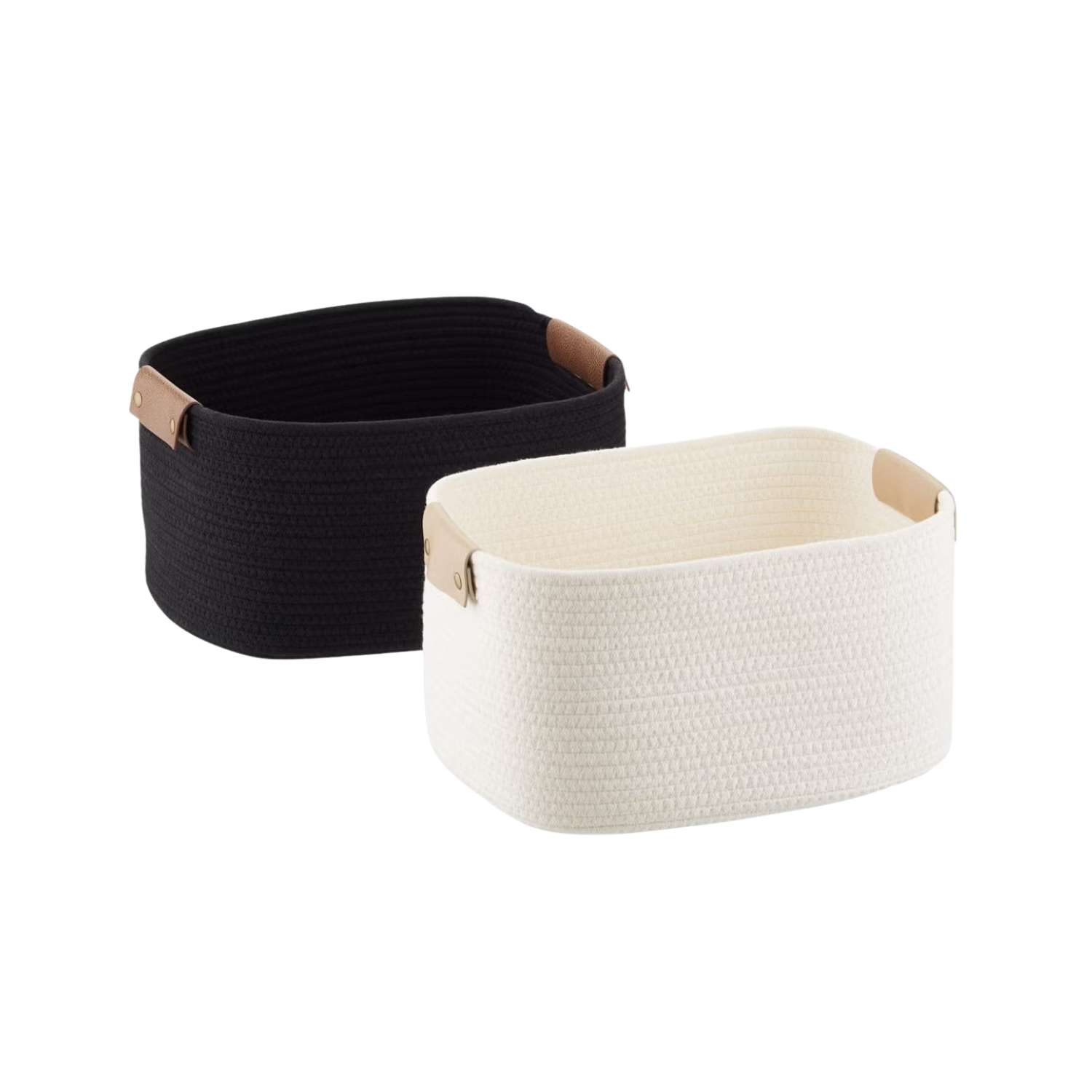 Two fabric storage baskets, one black with tan accents and one white with tan accents.