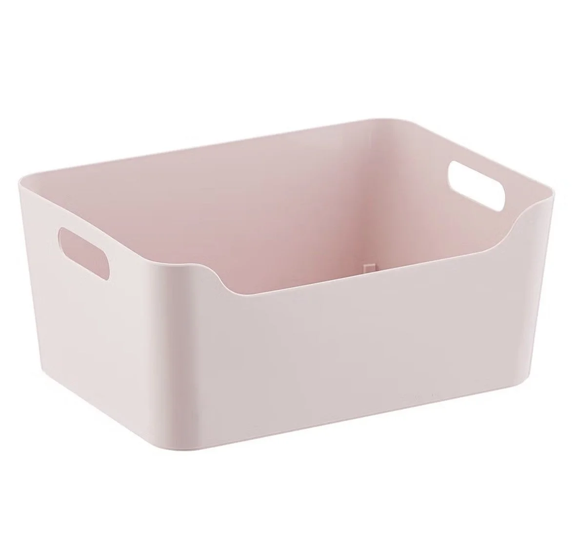 A rectangular storage basket with handles, in white and light pink colors.
