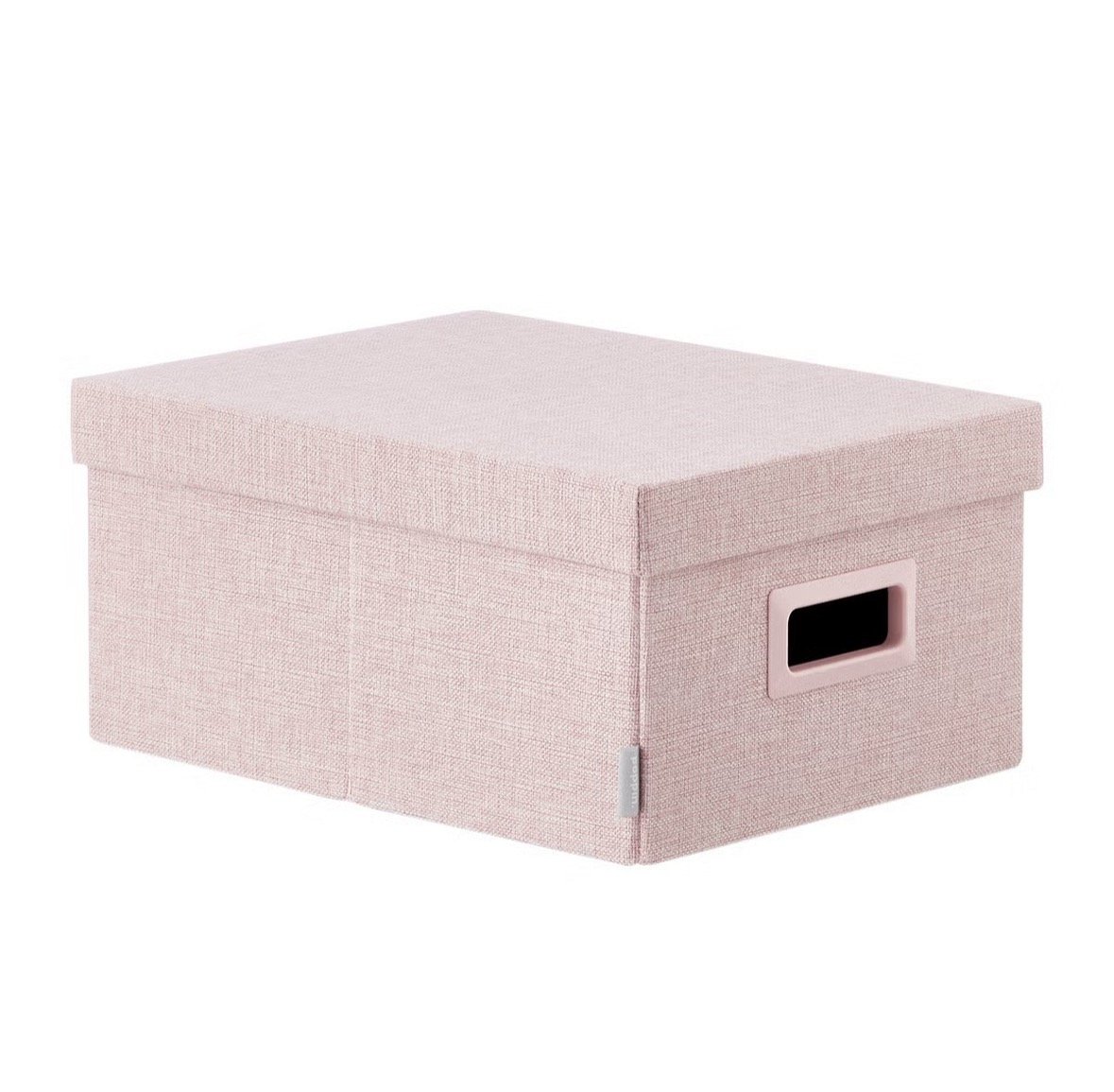A pink fabric storage box with a lid and a handle on the side.