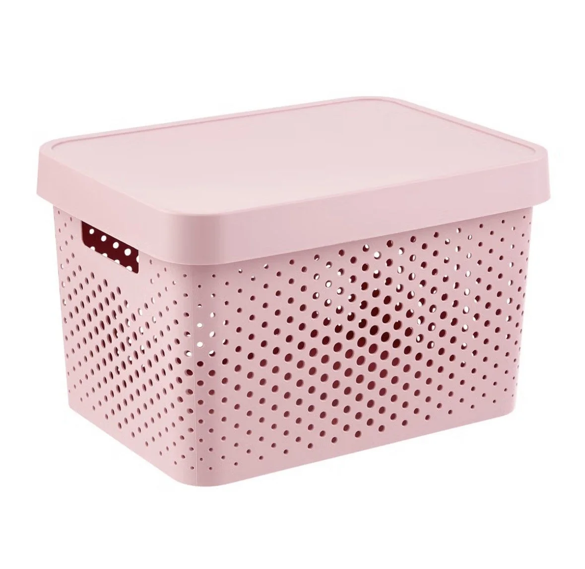 Pink plastic storage bin with a perforated design and a solid lid.
