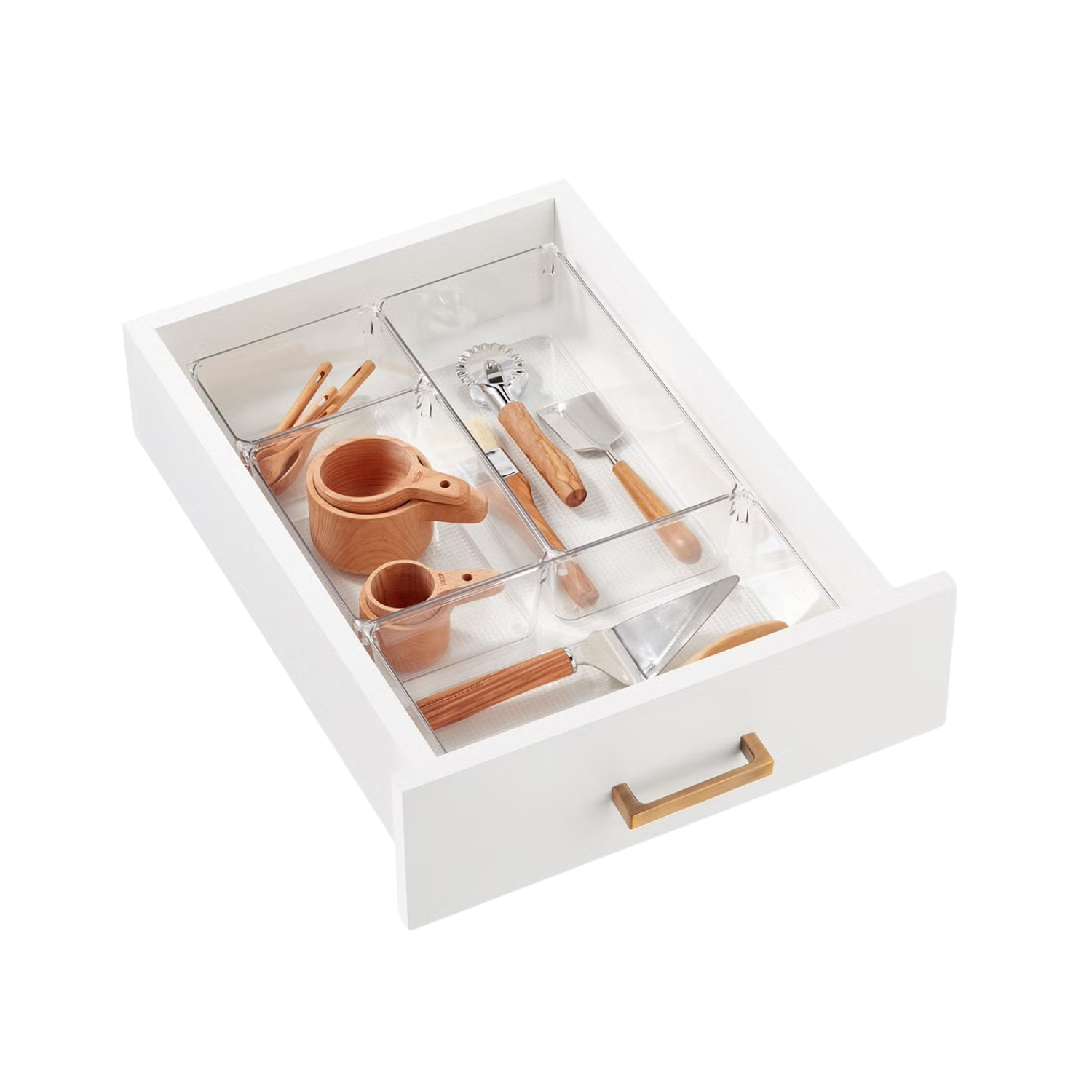 White drawer with a transparent plastic lid containing wooden kitchen utensils and tools.