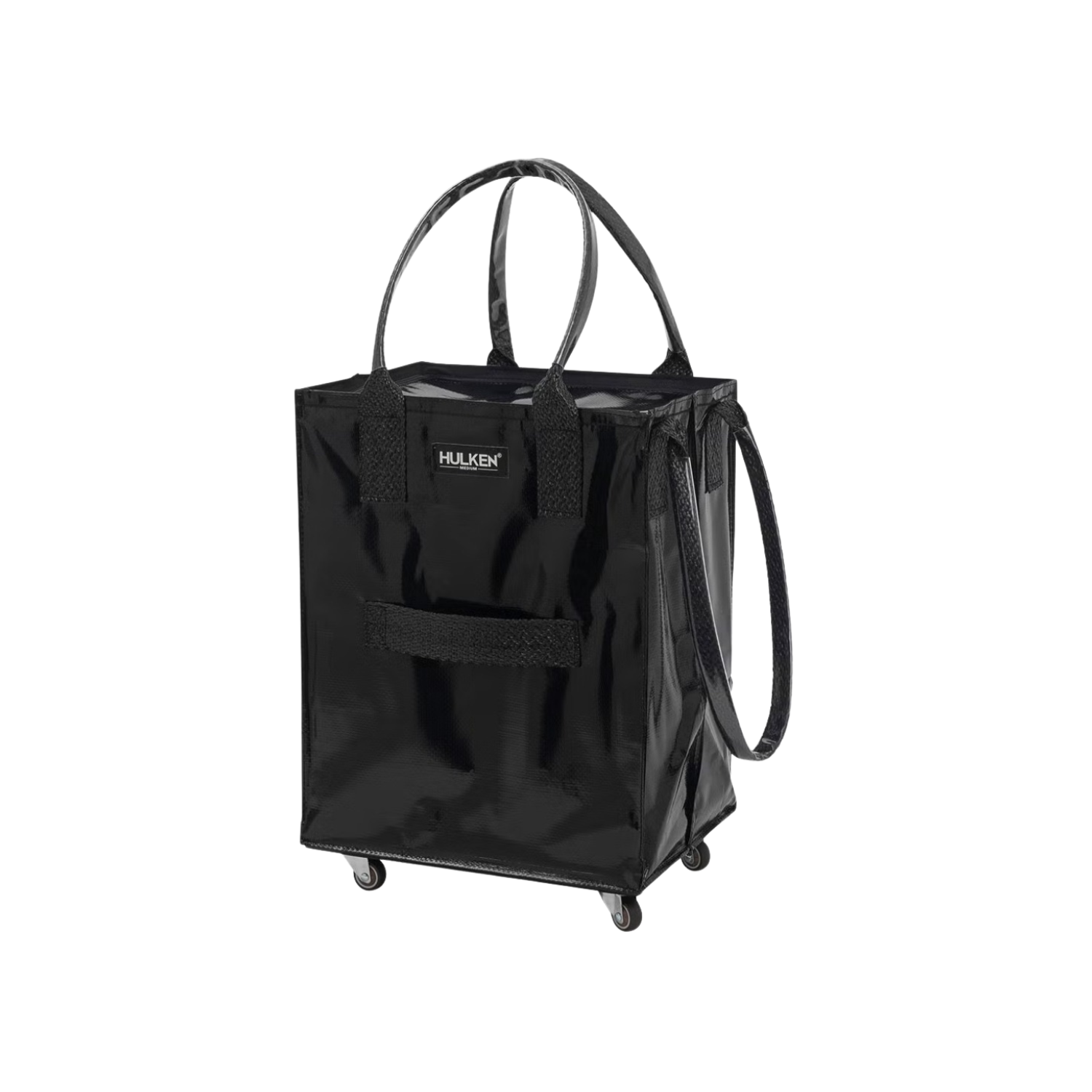 Black rolling shopping tote bag with handles and a shoulder strap, branded 'HULKEN' in white on the front, with four small wheels at the bottom.