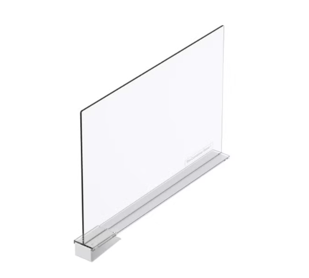 A clear acrylic sneeze guard with a metal base, designed to provide a barrier between people.