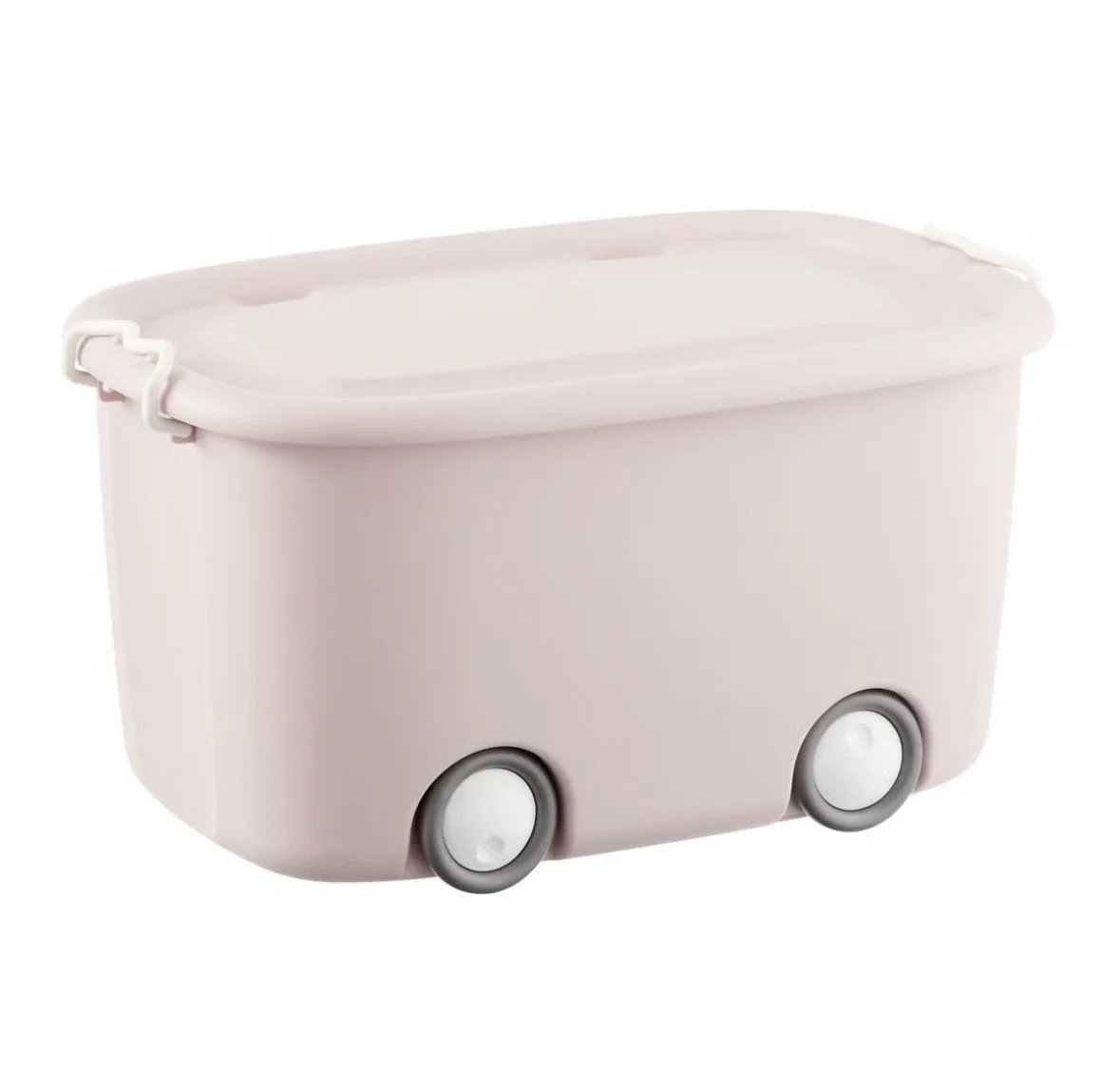 A pastel pink plastic storage container on wheels with a lid.