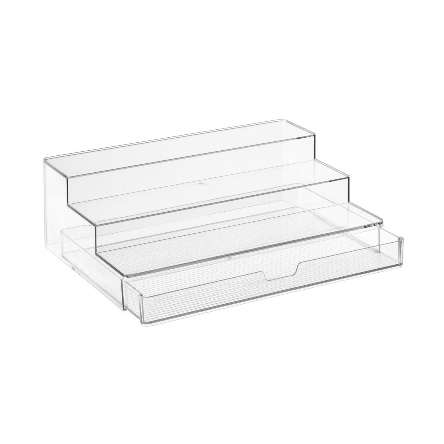 A clear multi-compartment plastic organizer tray with drawers.