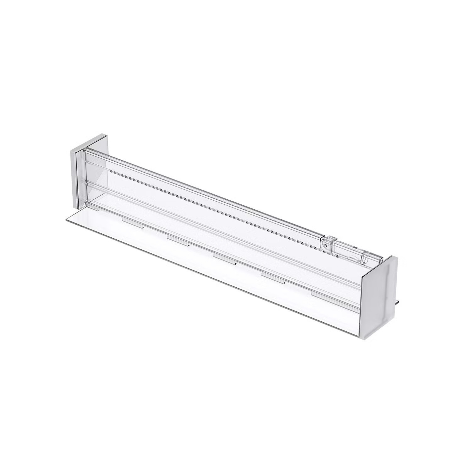 A transparent, rectangular, office desk drawer organizer with slots for holding papers and supplies.