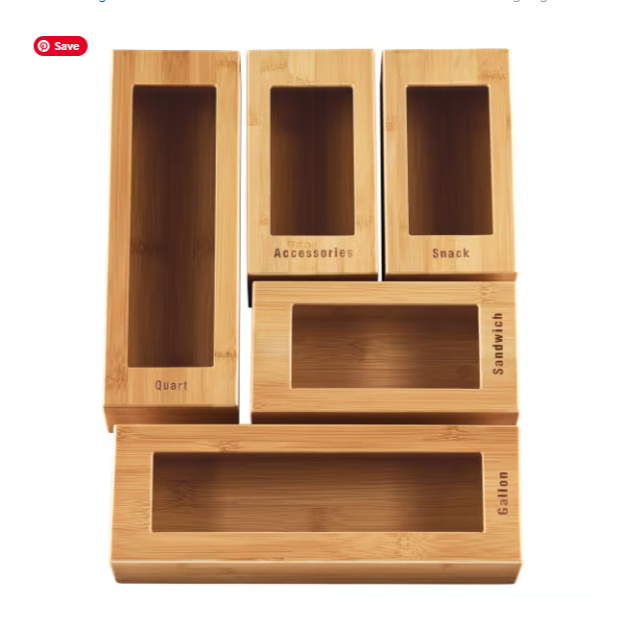 Set of bamboo storage boxes labeled for quarter, accessories, snack, sandwich, and gallon sizes.