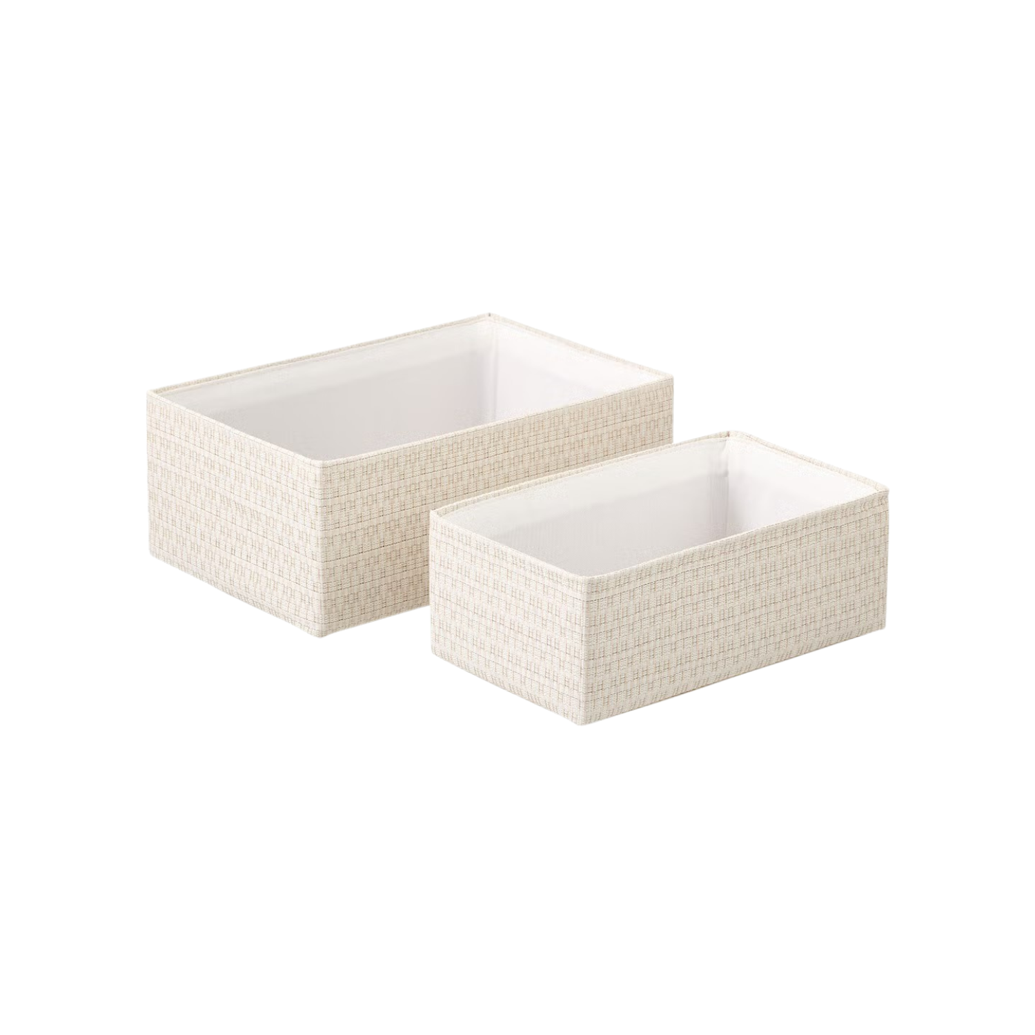 Two cream-colored fabric storage baskets with white interior.
