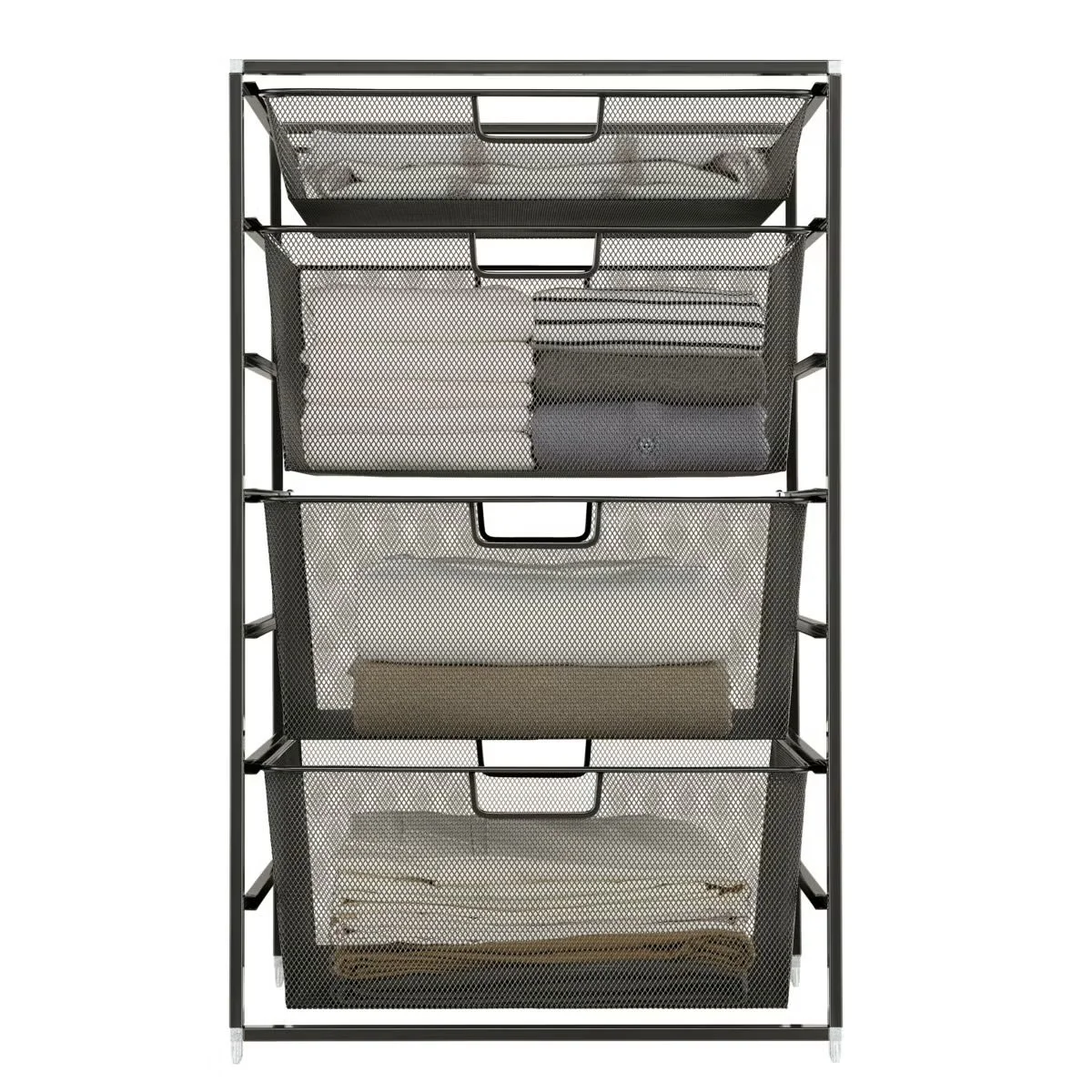 A black metal four-tier mesh storage rack with fabric bins containing various household items.