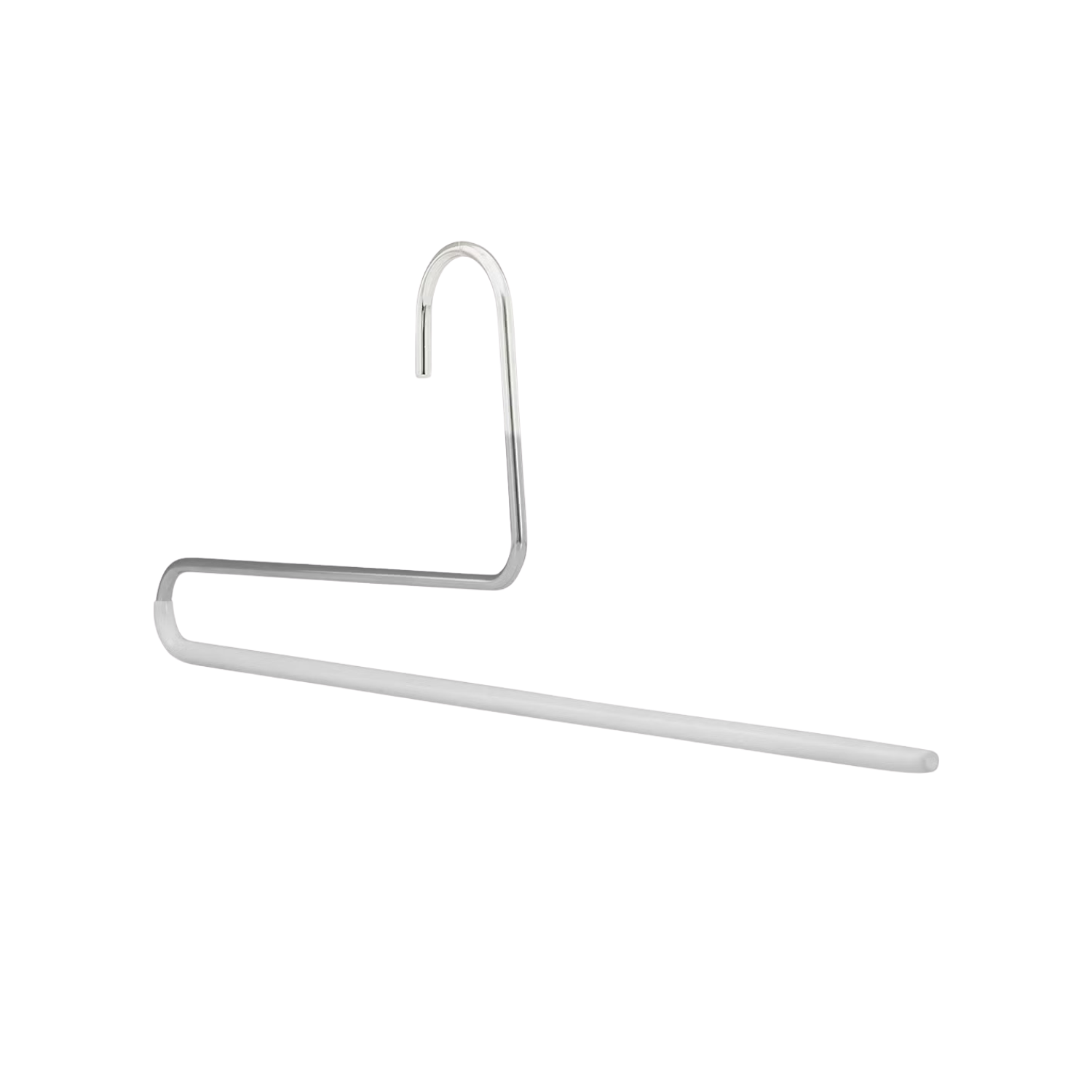 A white clothes hanger with a metal hook on a plain white background.