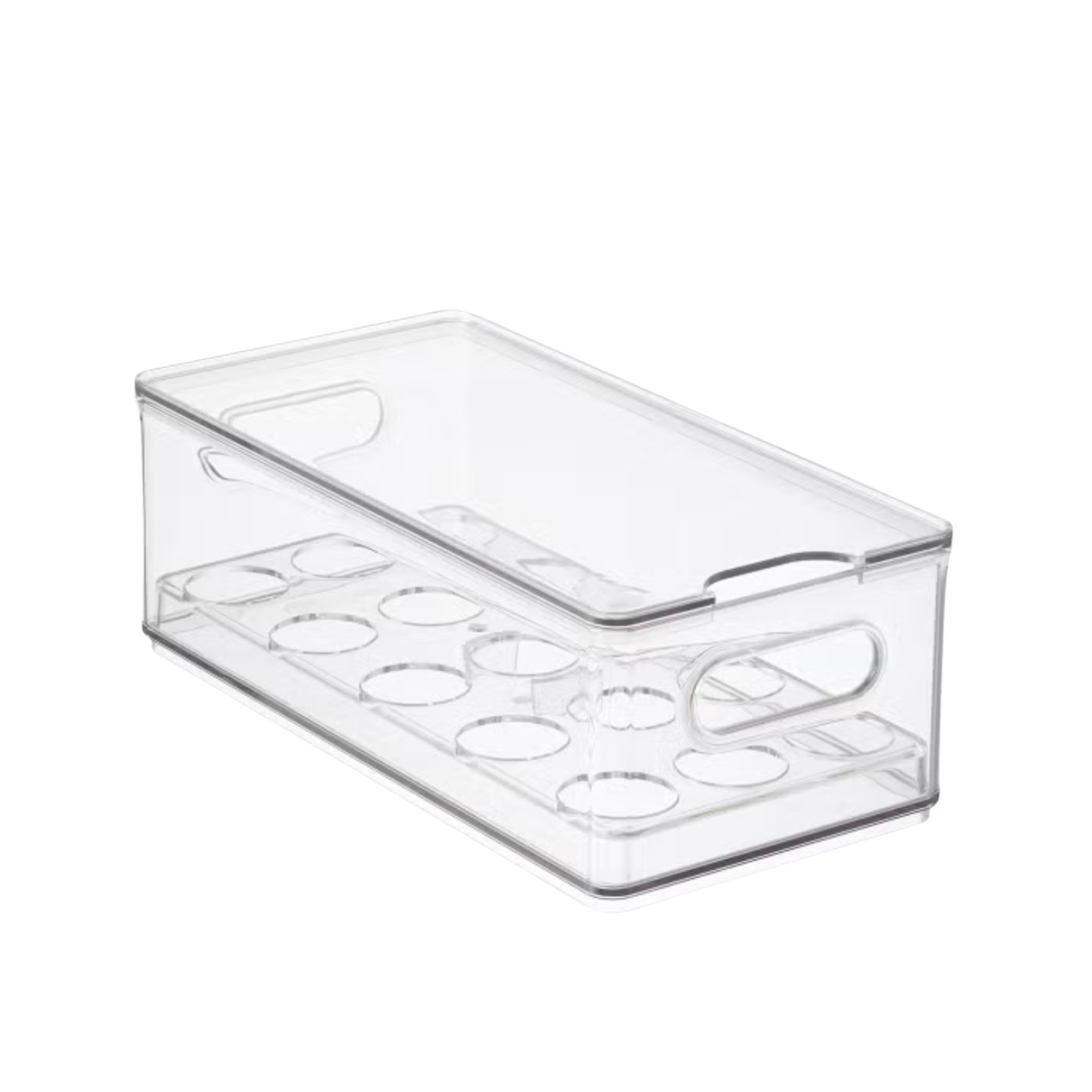 Clear plastic storage box with multiple circular and oval compartments inside.