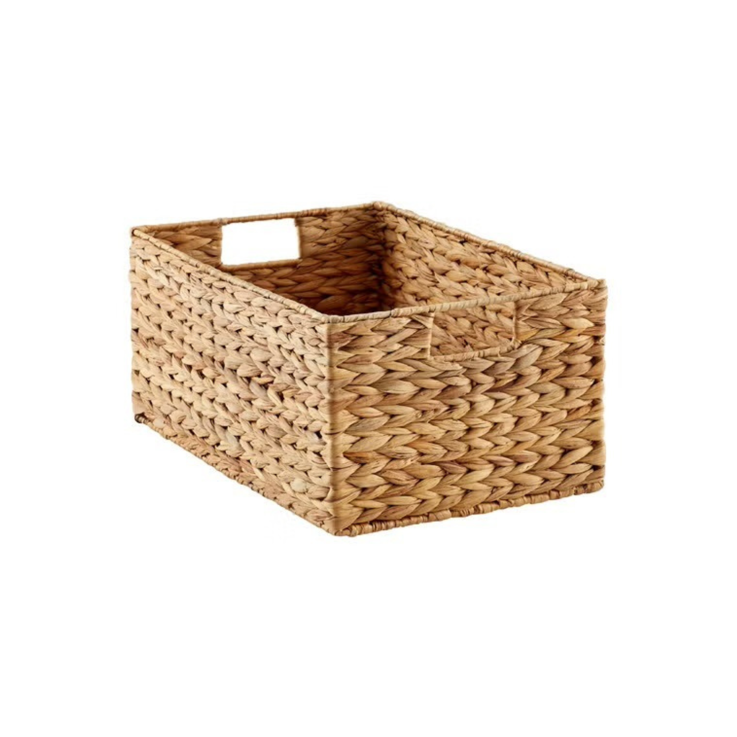 A woven wicker basket with a rectangular cutout handle on top, empty inside, on a white background.