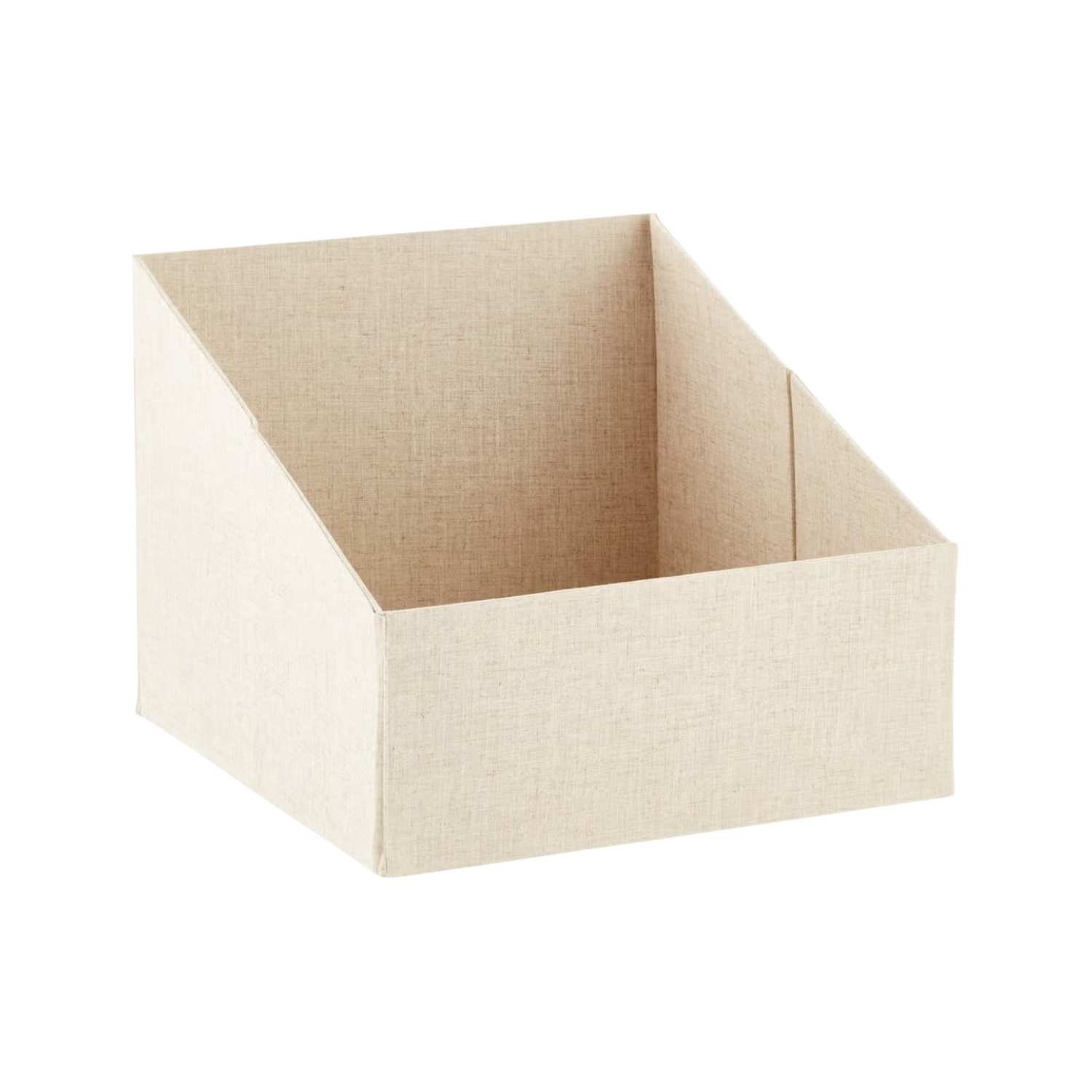 A beige fabric-covered storage box