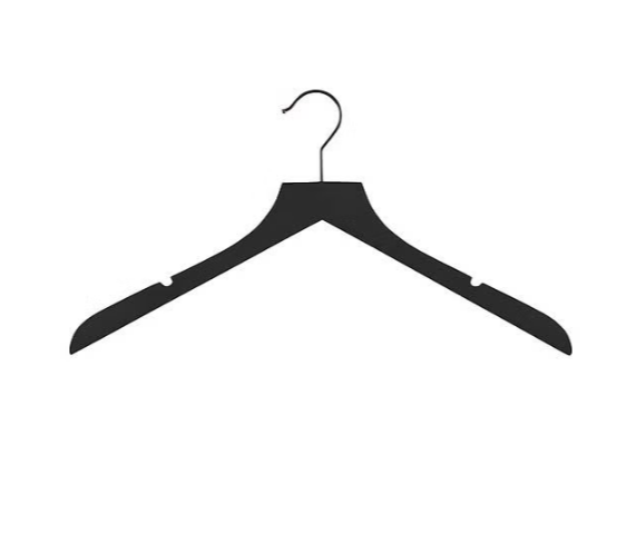 Black coat hanger with a hook at the top, isolated on a white background.