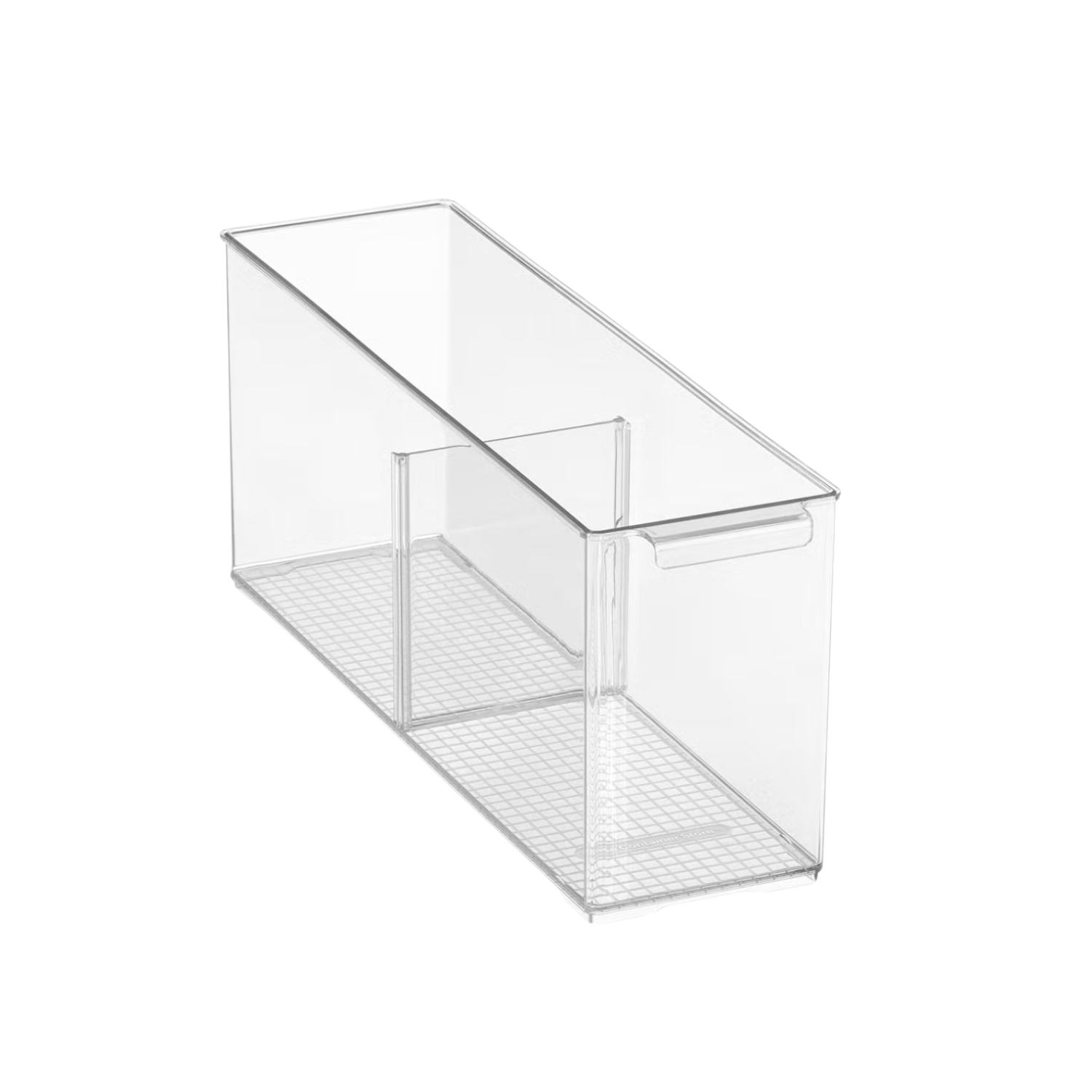 Clear plastic storage bin with a wire rack at the bottom.