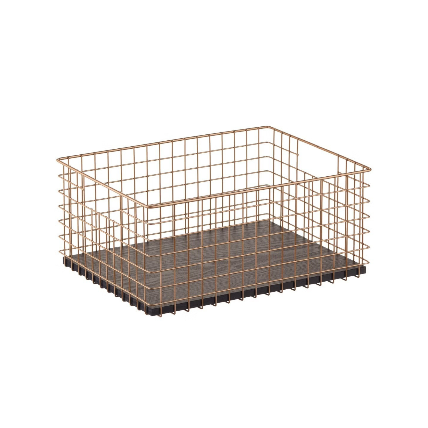 Copper wire mesh desk organizer with a dark wooden base