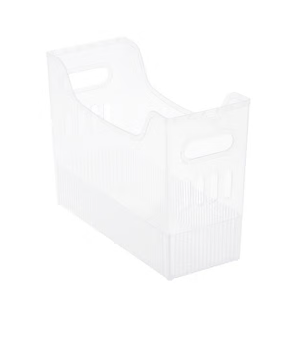 A semi-transparent, white plastic storage crate with cutout handles.