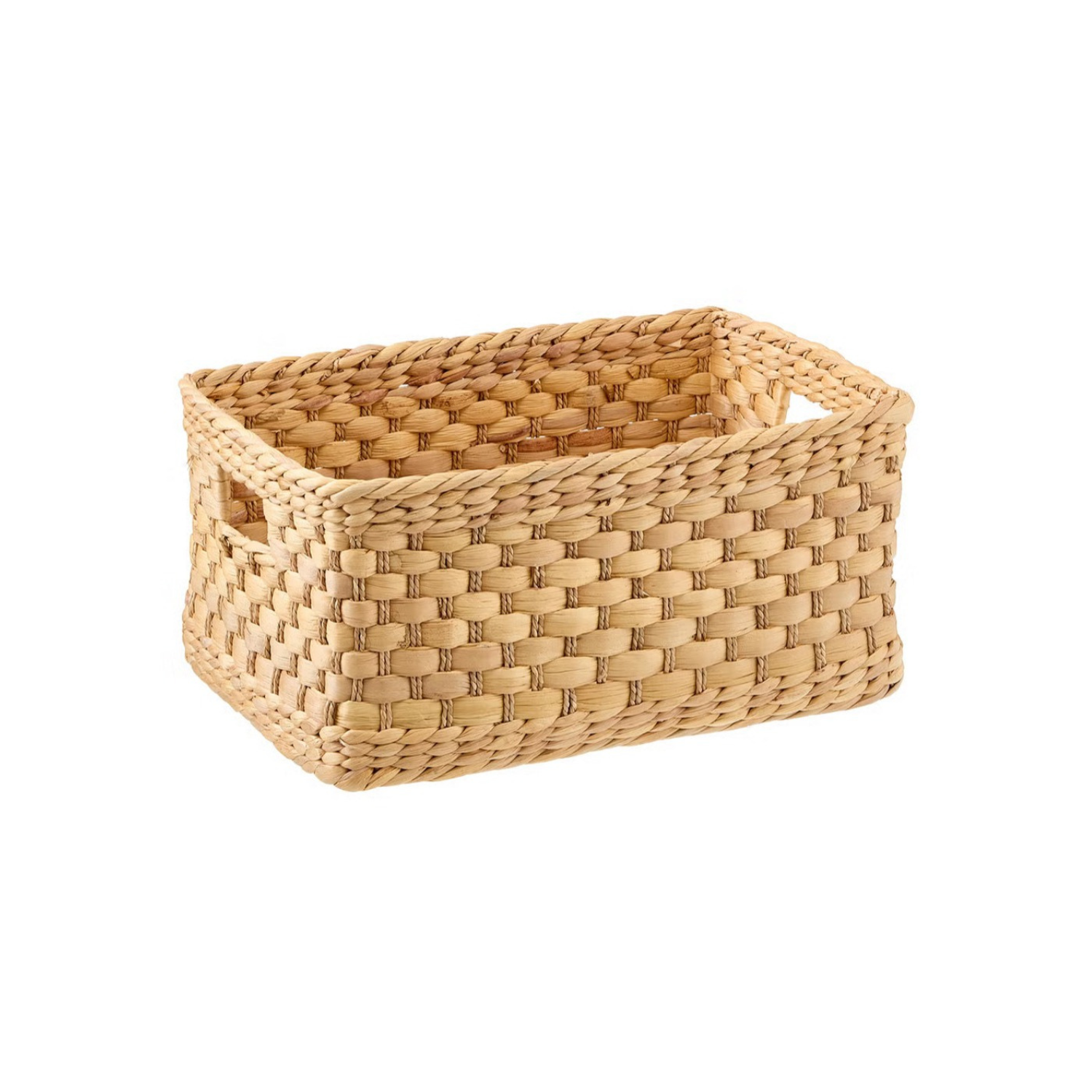 Woven rectangular basket made of natural fibers.