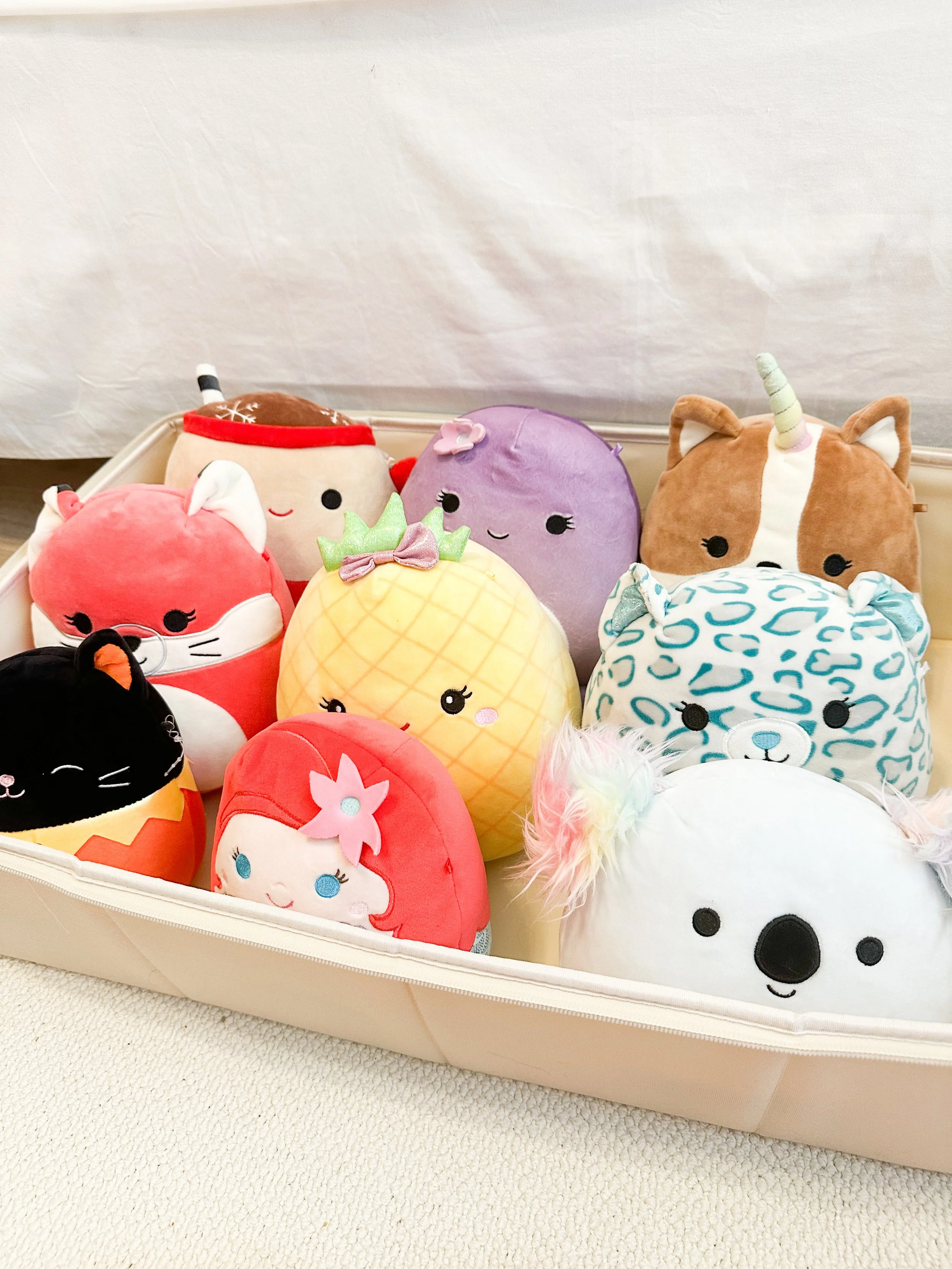 Collection of nine colorful plush stuffed animals resembling a cat, pineapple, koala, unicorn, dog, bunny, and other animals, arranged in a beige tray.
