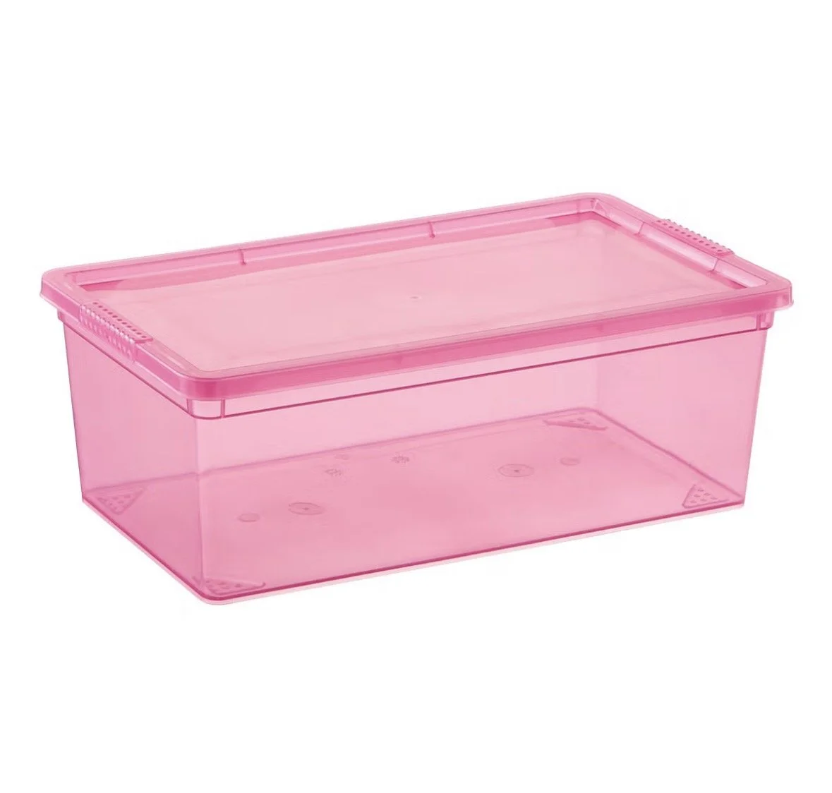 A pink transparent plastic storage box with a lid.