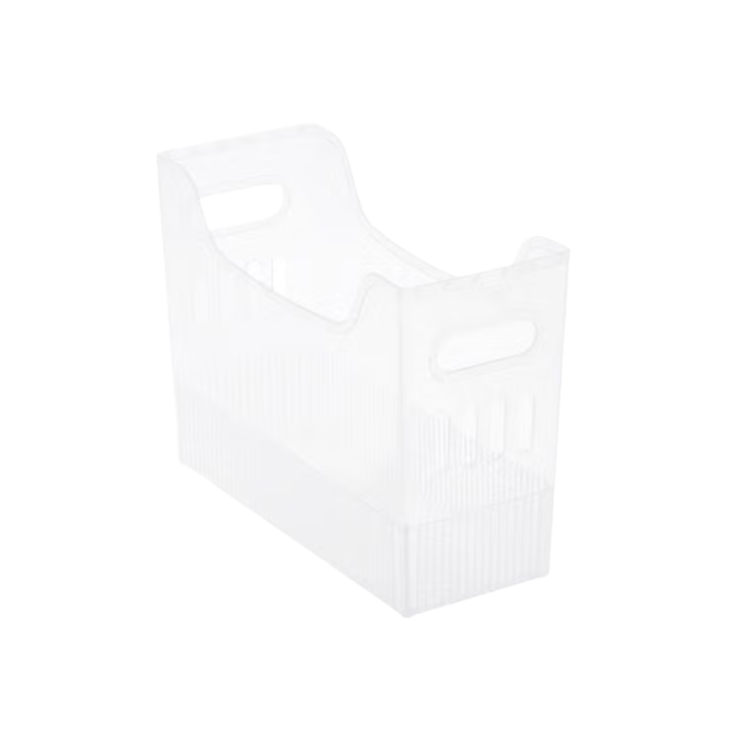 A translucent plastic storage bin with cut-out handles on sides.