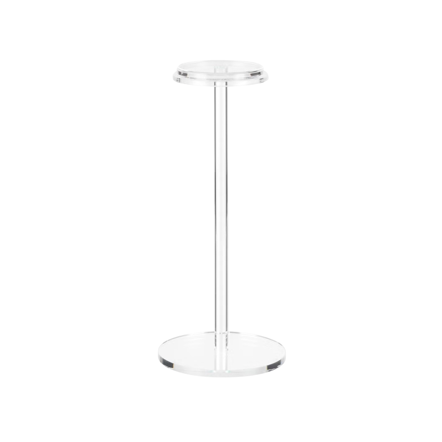 Transparent acrylic display stand with a round top and base connected by a single vertical rod.